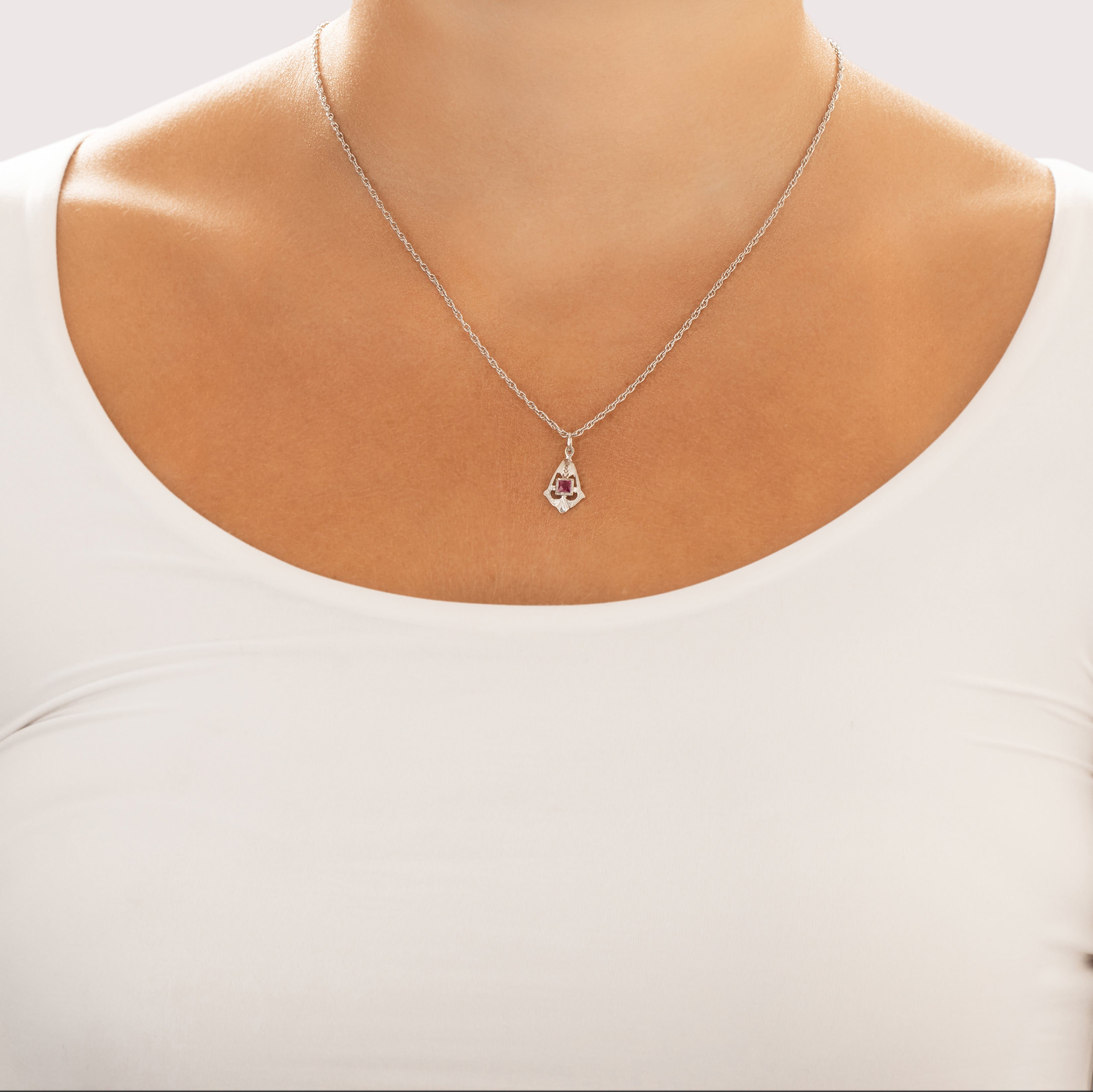 Antique Art Deco Small 10k White Gold Synthetic Ruby Milgrain Detail Charm / Pendant - On model view