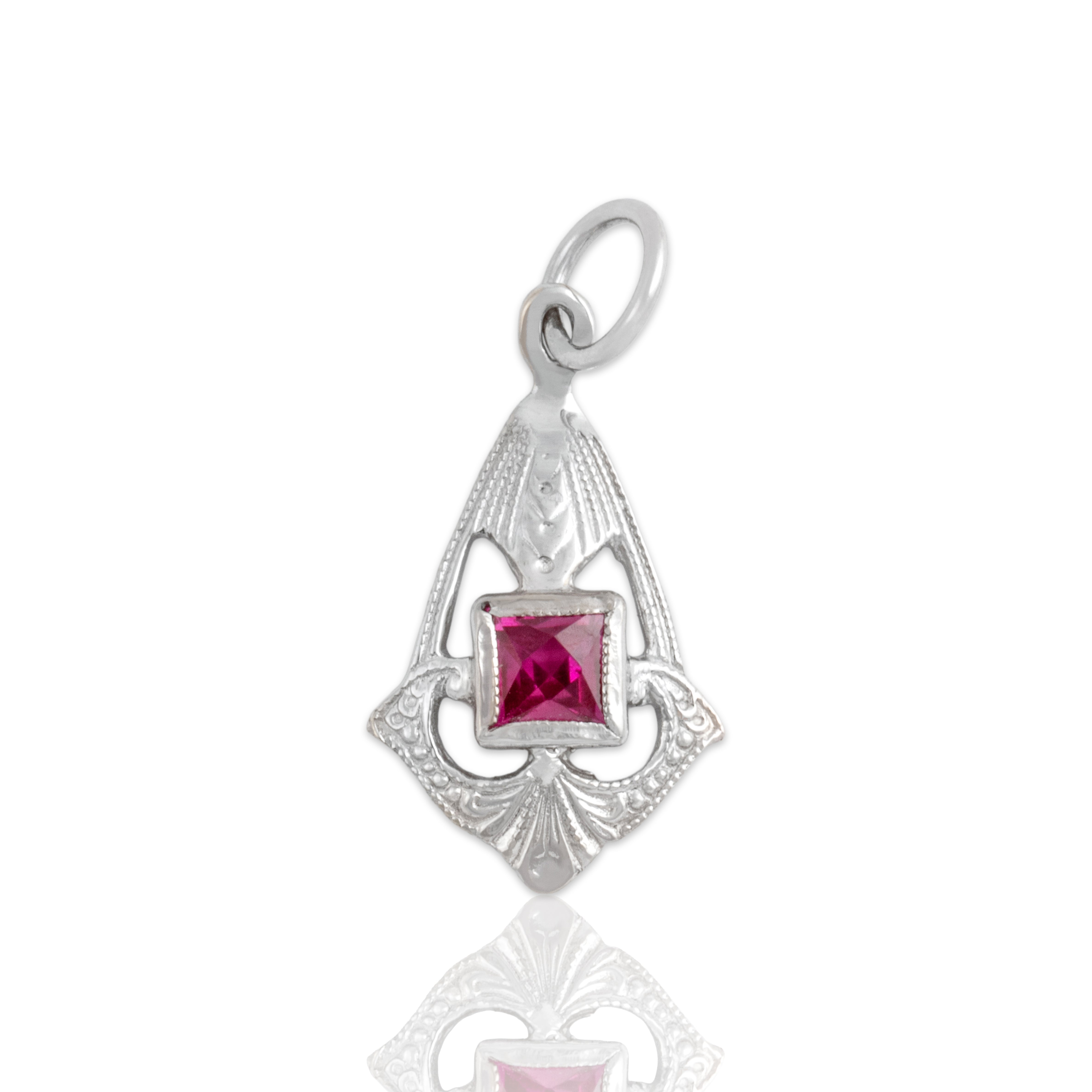 Antique Art Deco Small 10k White Gold Synthetic Ruby Milgrain Detail Charm / Pendant - Close-up view