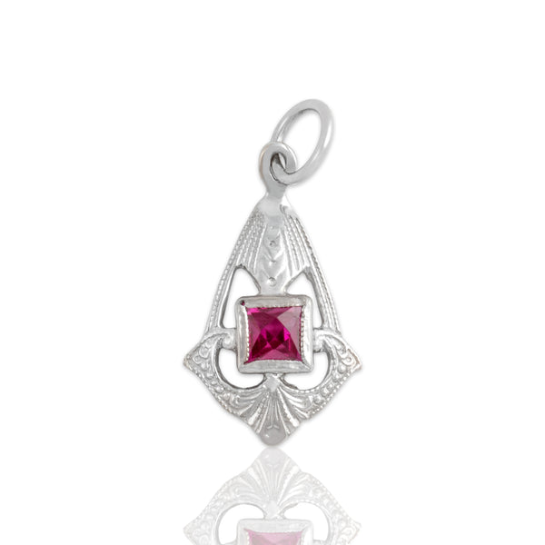 Antique Art Deco Small 10k White Gold Synthetic Ruby Milgrain Charm / Pendant