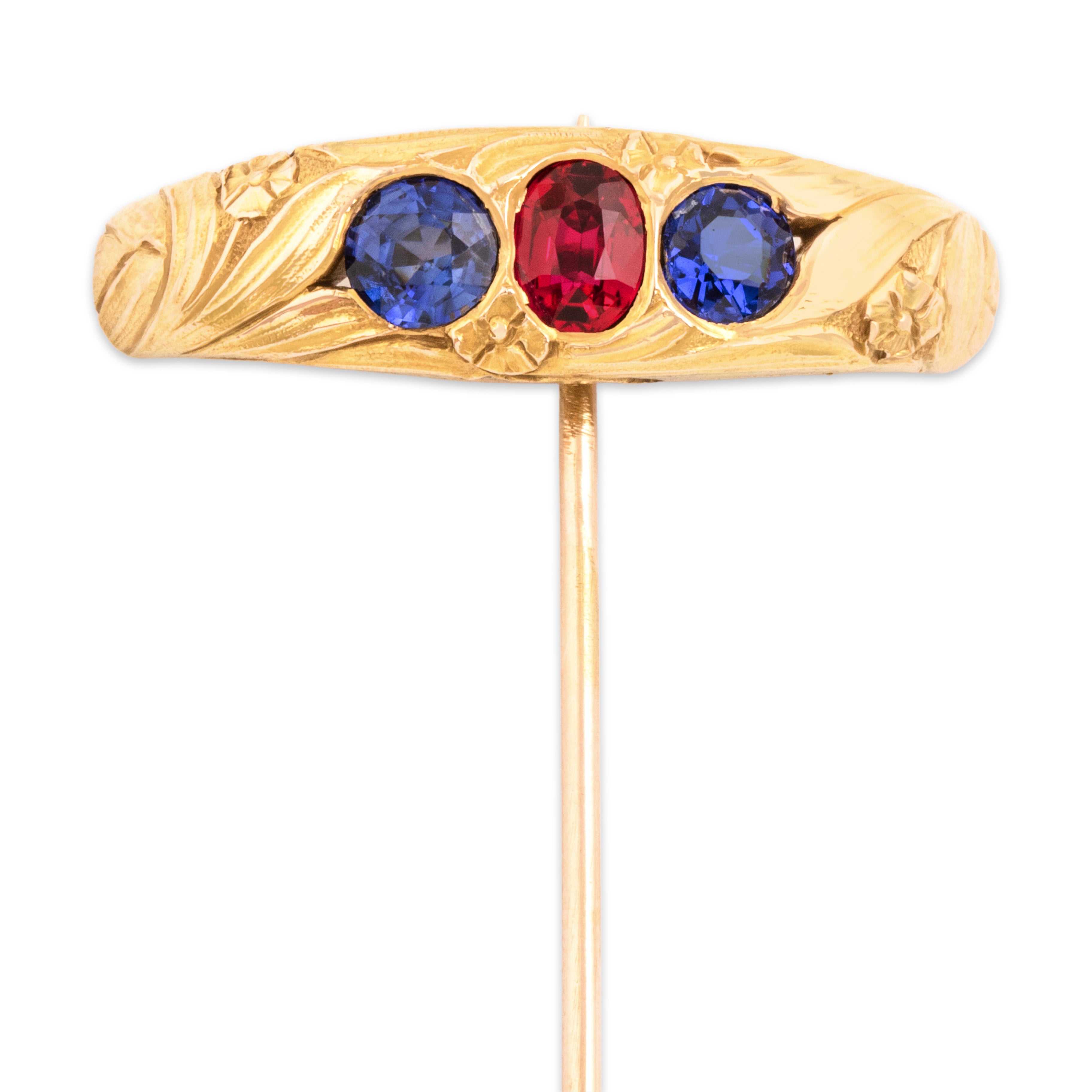 Antique Large 14k Yellow Gold .89cttw Blue Synthetic Sapphire Synthetic Ruby Stickpin