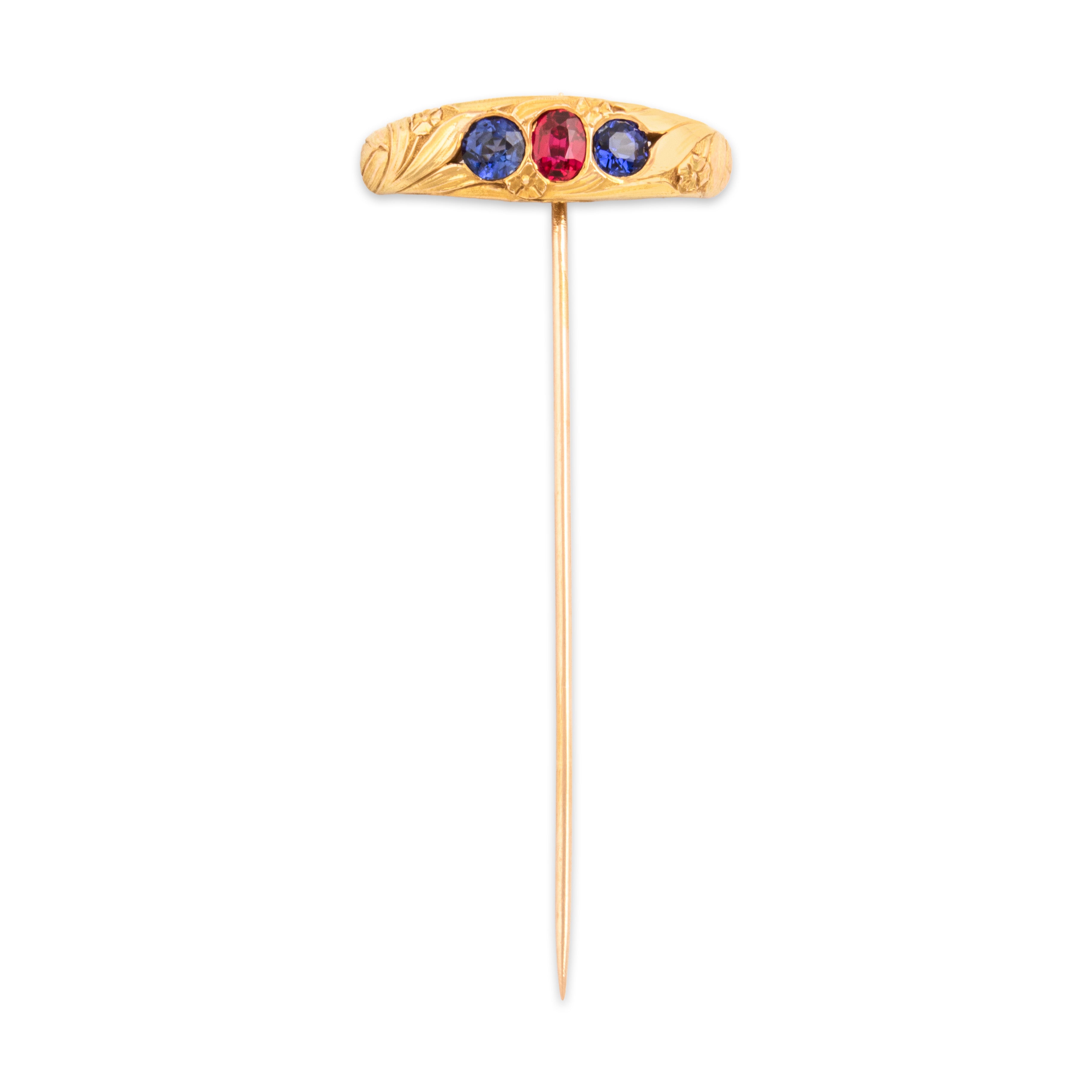 Antique Large 14k Yellow Gold .89cttw Blue Synthetic Sapphire Synthetic Ruby Stickpin