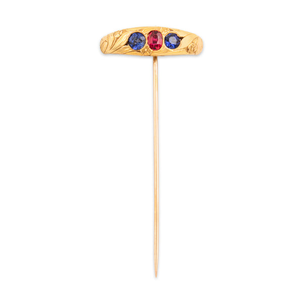 Antique Large 14k Yellow Gold .89cttw Blue Synthetic Sapphire Synthetic Ruby Stickpin