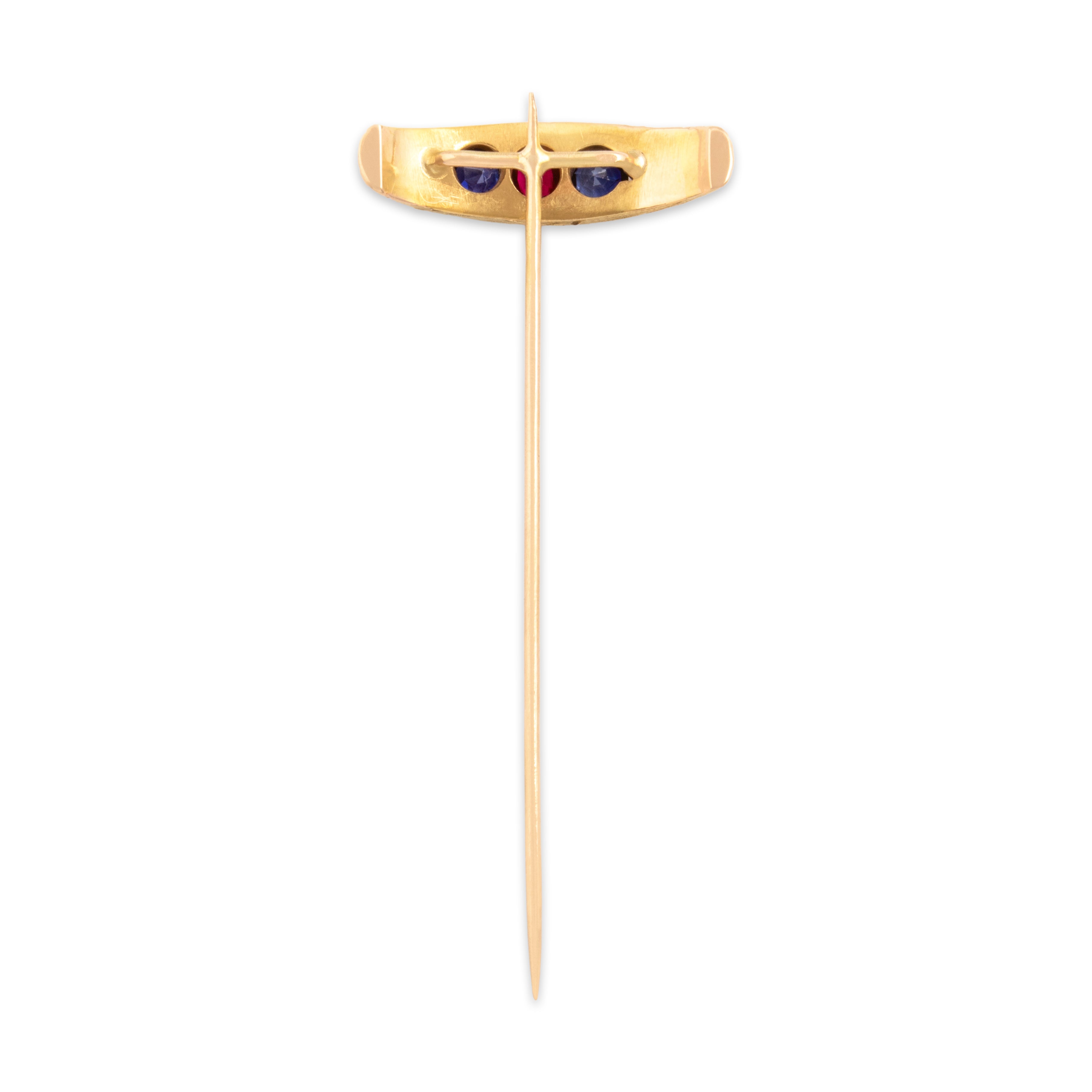Antique 14k Yellow Gold .89cttw Blue Synthetic Sapphire Synthetic Ruby Glowing Engraved Floral Stick Pin - Back view