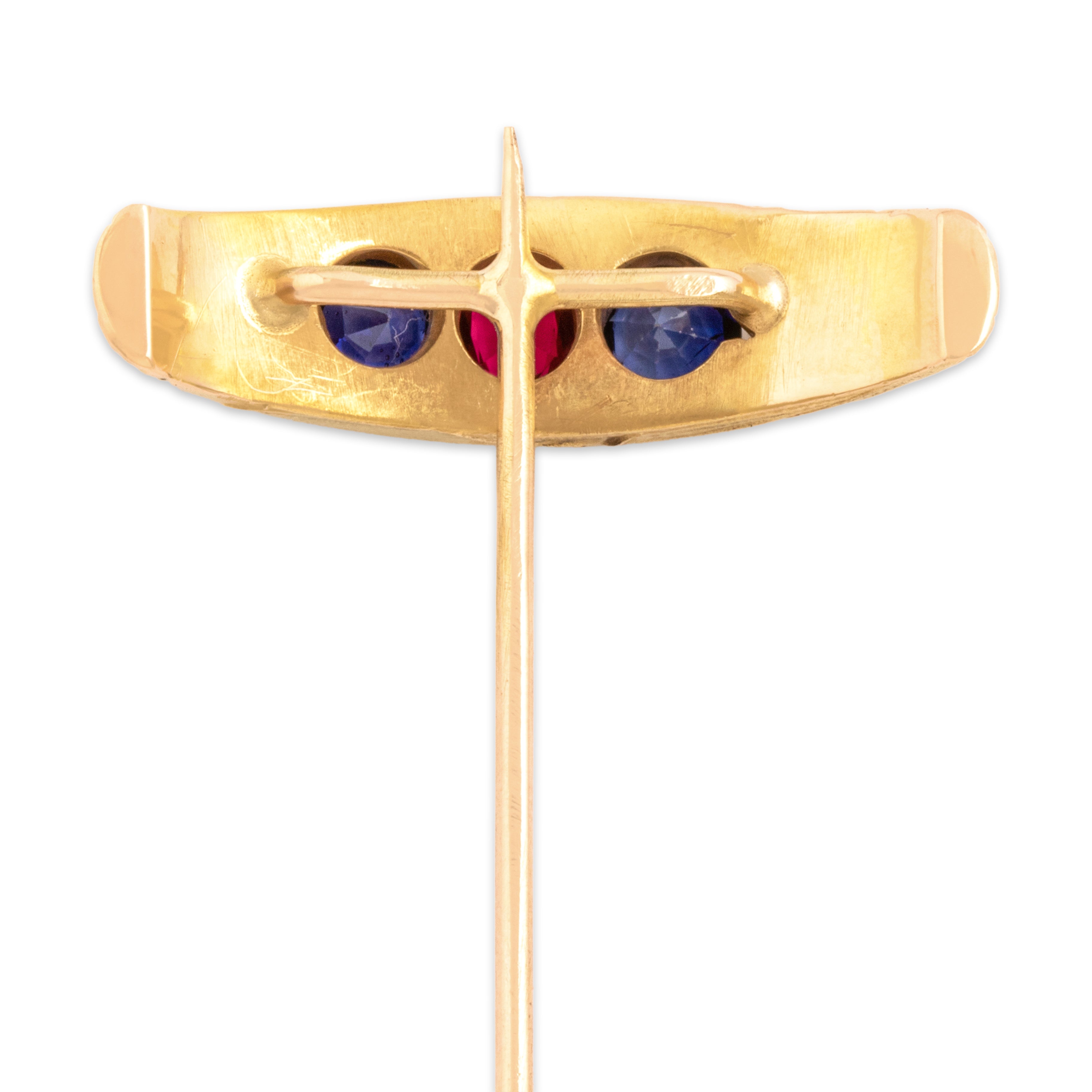 Antique 14k Yellow Gold .89cttw Blue Synthetic Sapphire Synthetic Ruby Glowing Engraved Floral Stick Pin - detail view #1