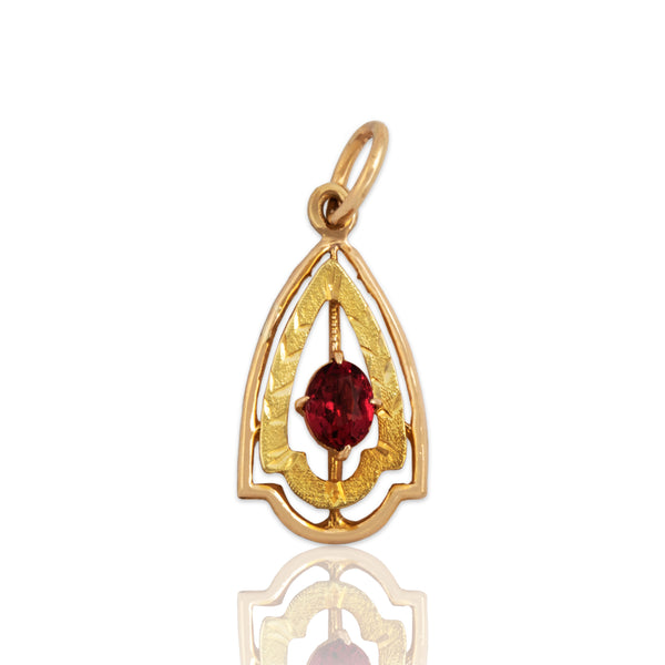 Antique Lightweight Victorian 14k Yellow Gold Red Glass Pear Border Pendant