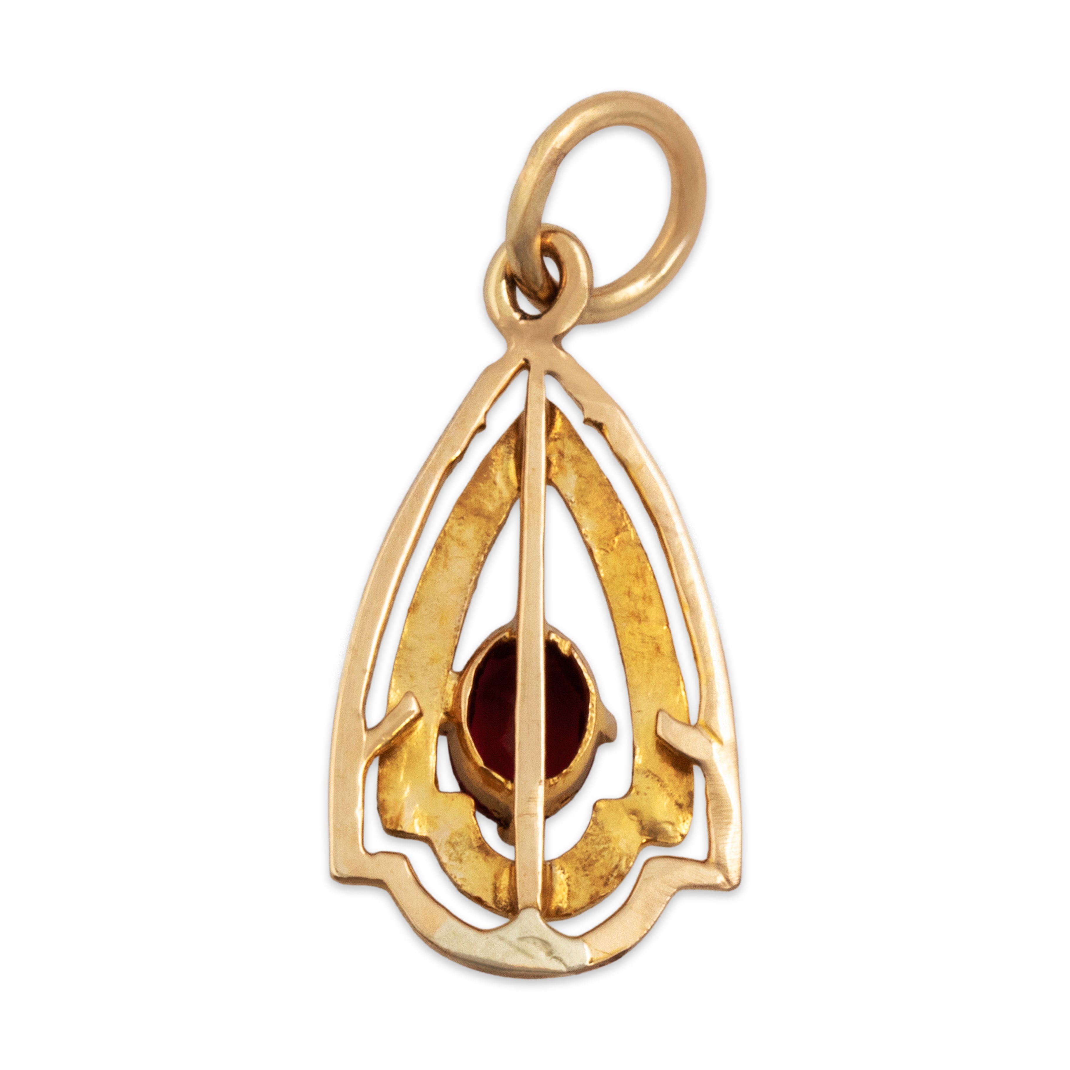 Antique Victorian 14k Yellow Gold Red Glass Lightweight Detailed Textured Pear Border Pendant - Back view