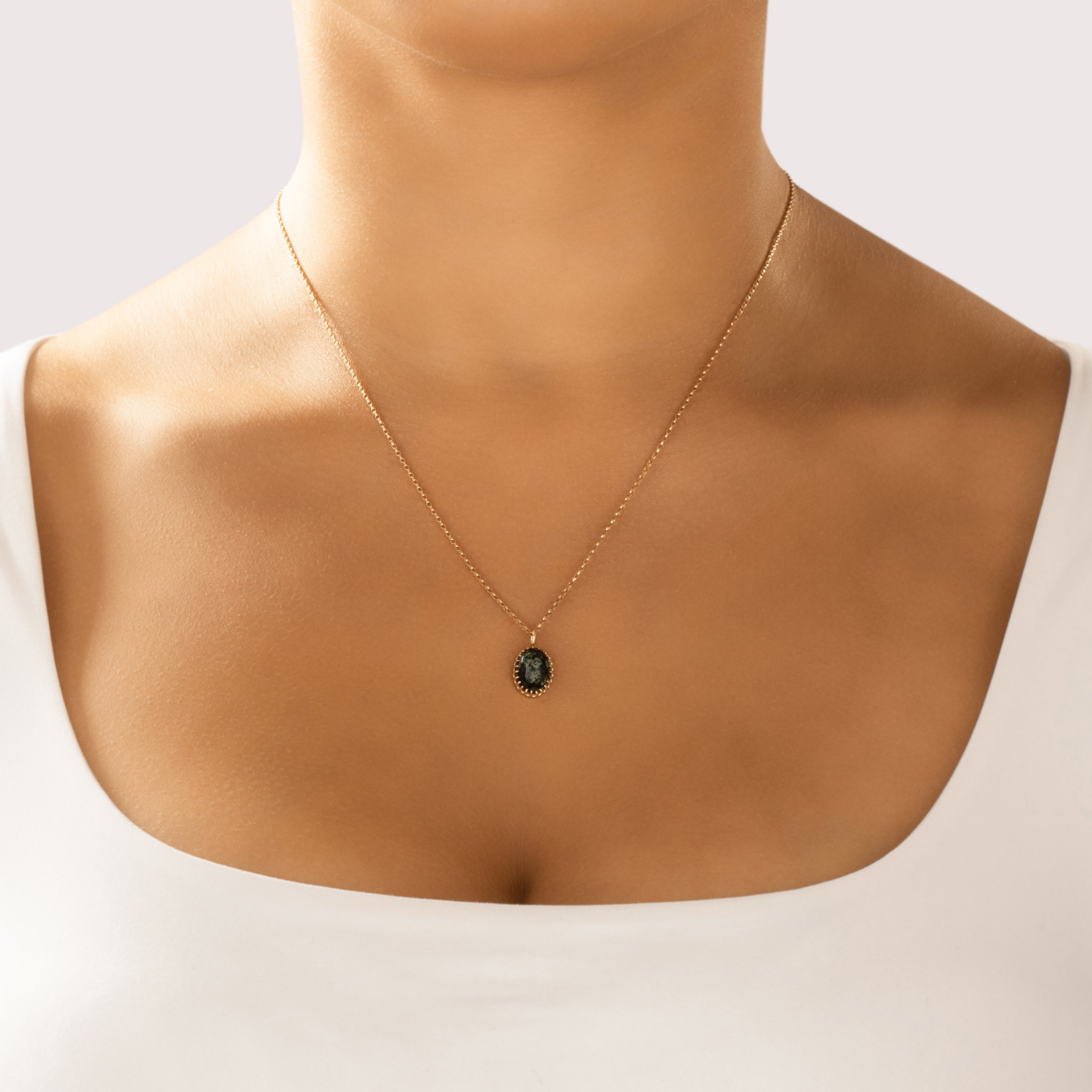 Antique Victorian 10k Yellow Gold 2.89ct Chlorastrolite Naturalistic Framed Cabochon Pendant - On model view