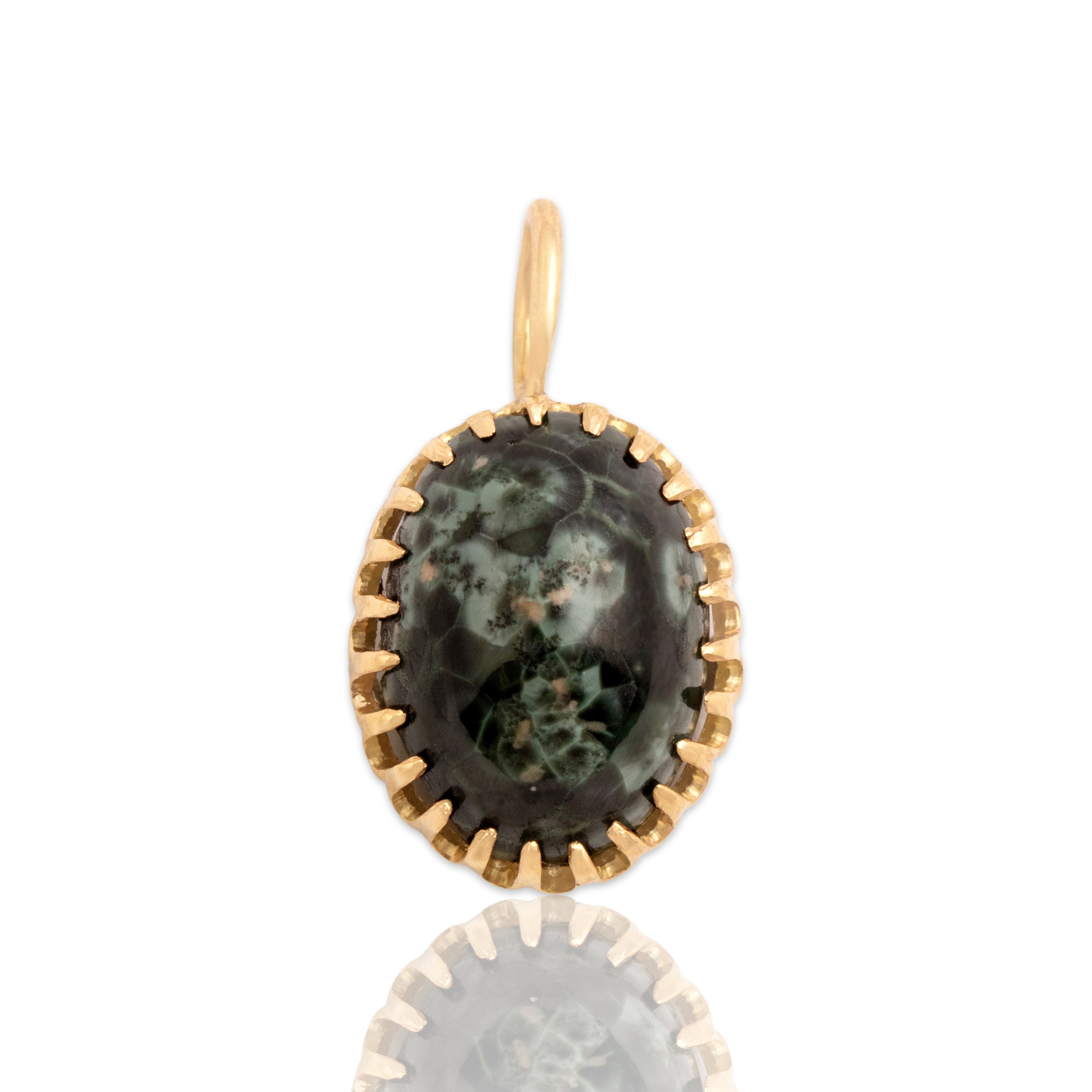 Antique Victorian 10k Yellow Gold 2.89ct Chlorastrolite Framed Cabochon Pendant
