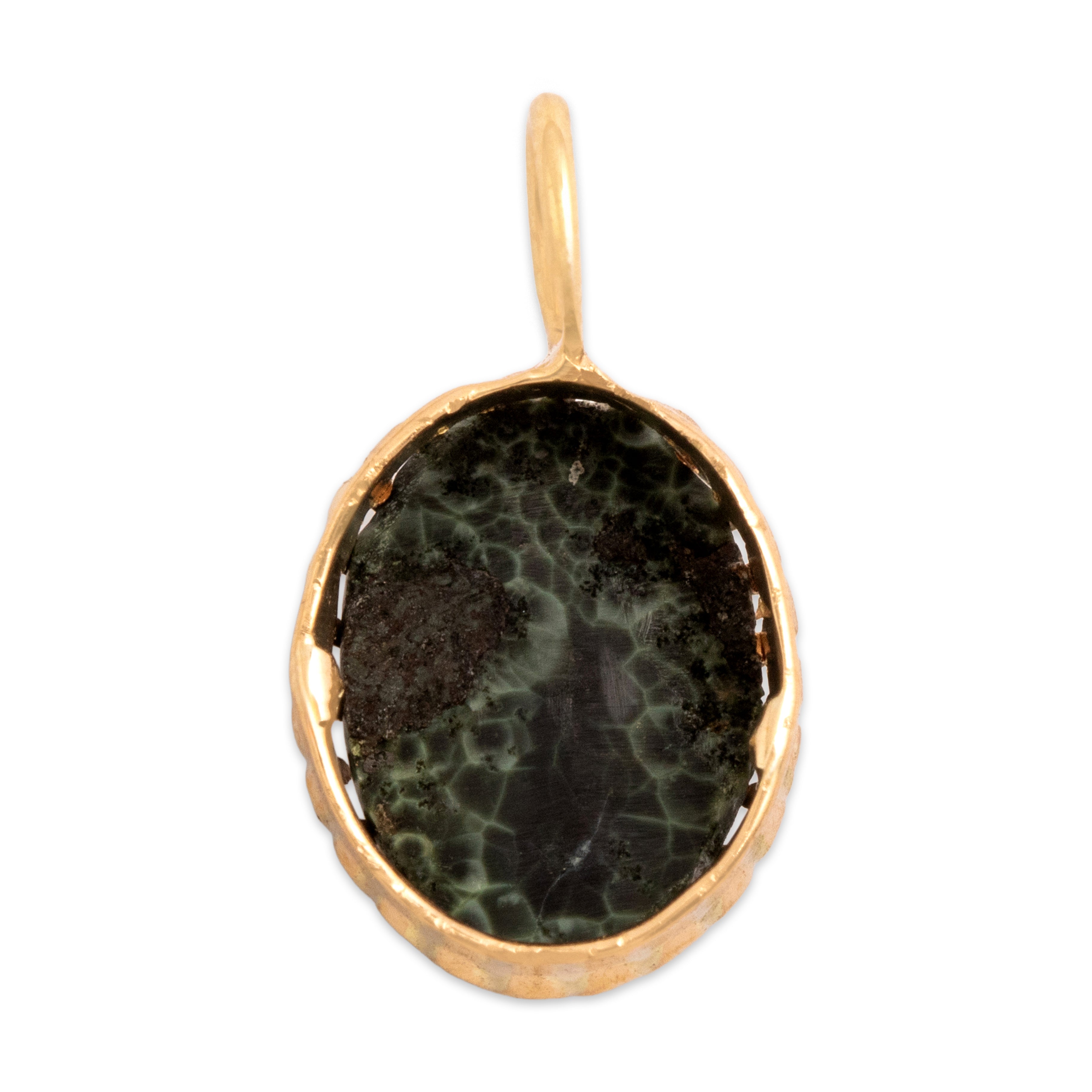 Antique Victorian 10k Yellow Gold 2.89ct Chlorastrolite Naturalistic Framed Cabochon Pendant - Back view