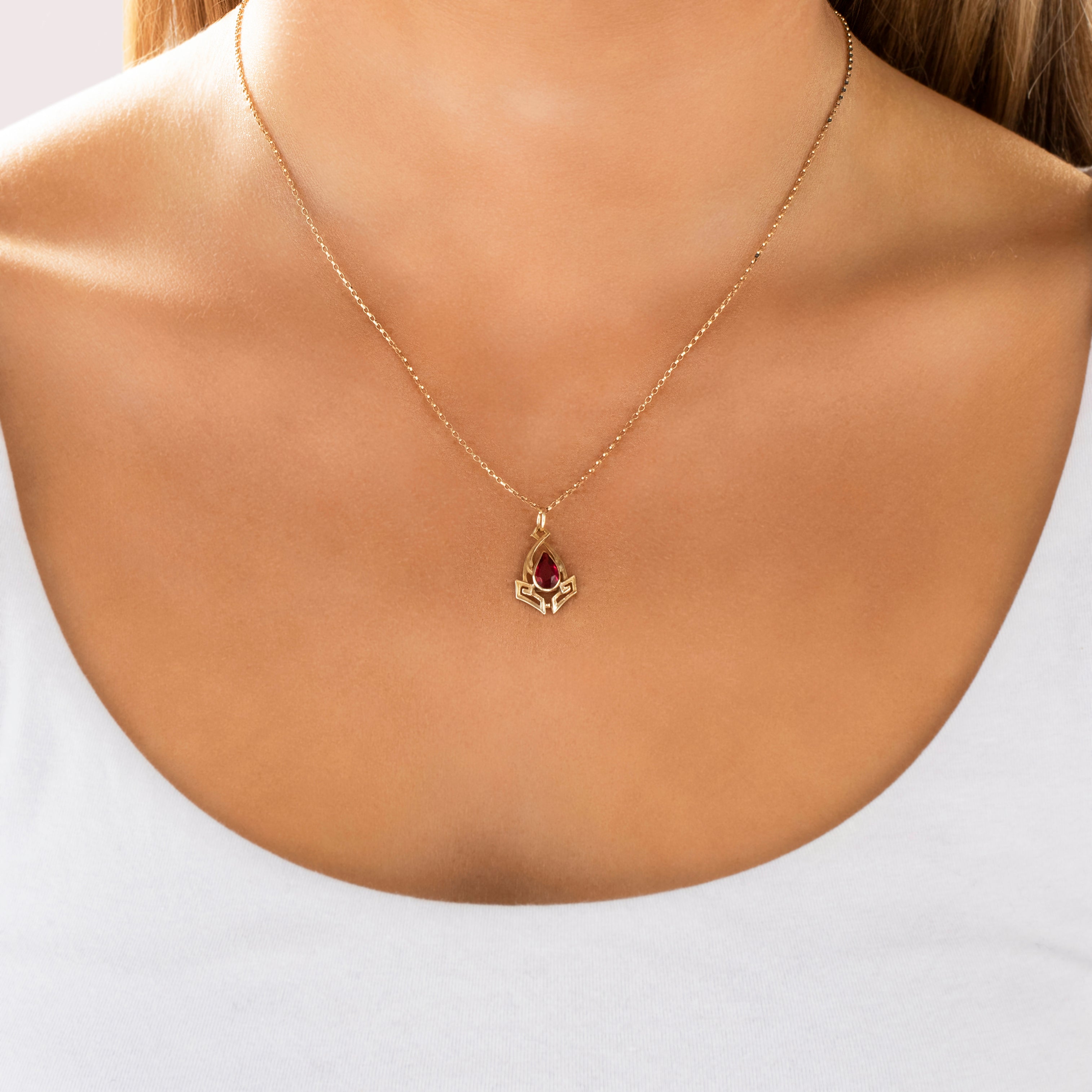 Antique Victorian 14k Yellow Gold Red Glass Artistic Geometric Pear Charm / Pendant - On model view