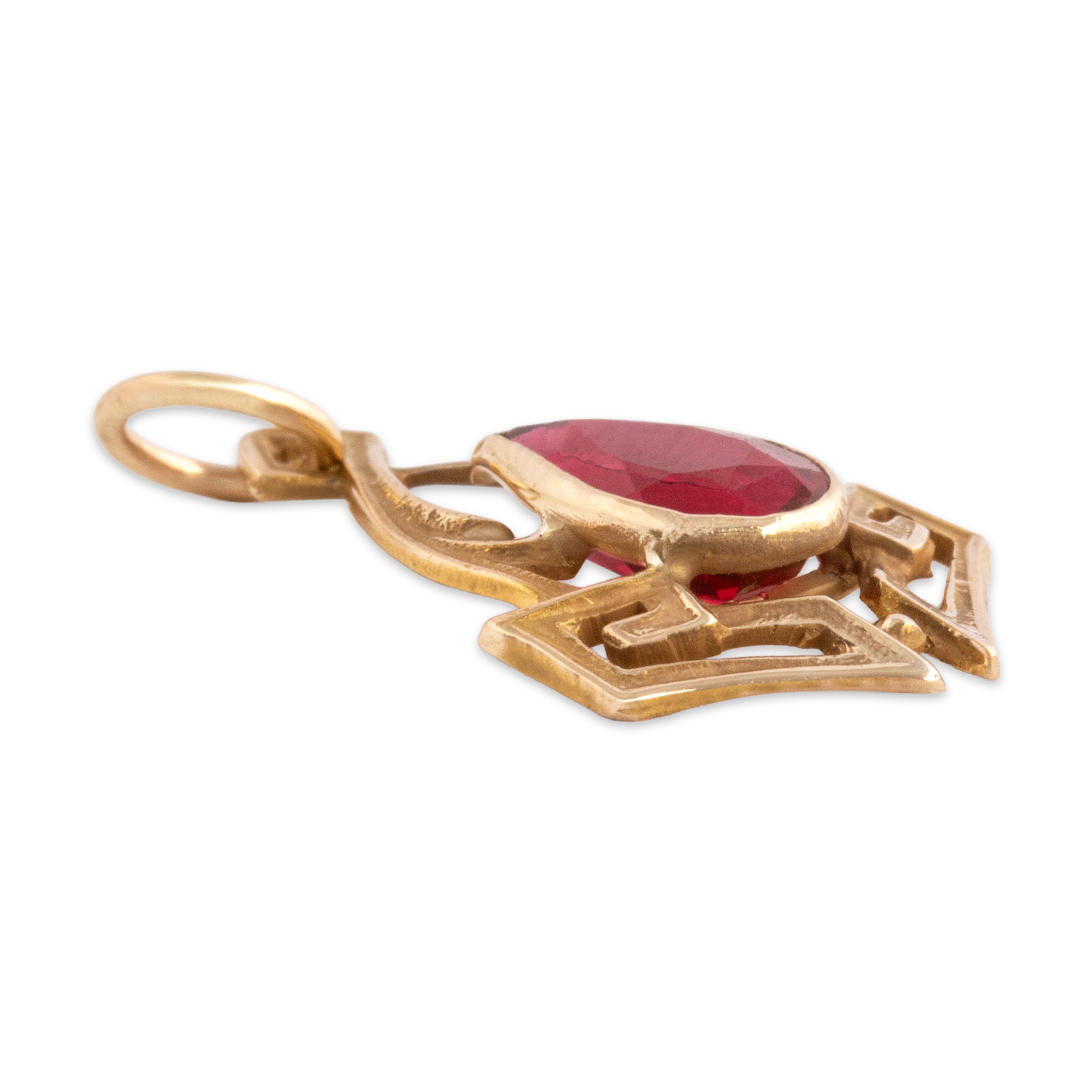 Antique Victorian 14k Yellow Gold Red Glass Artistic Geometric Pear Charm / Pendant - Side view