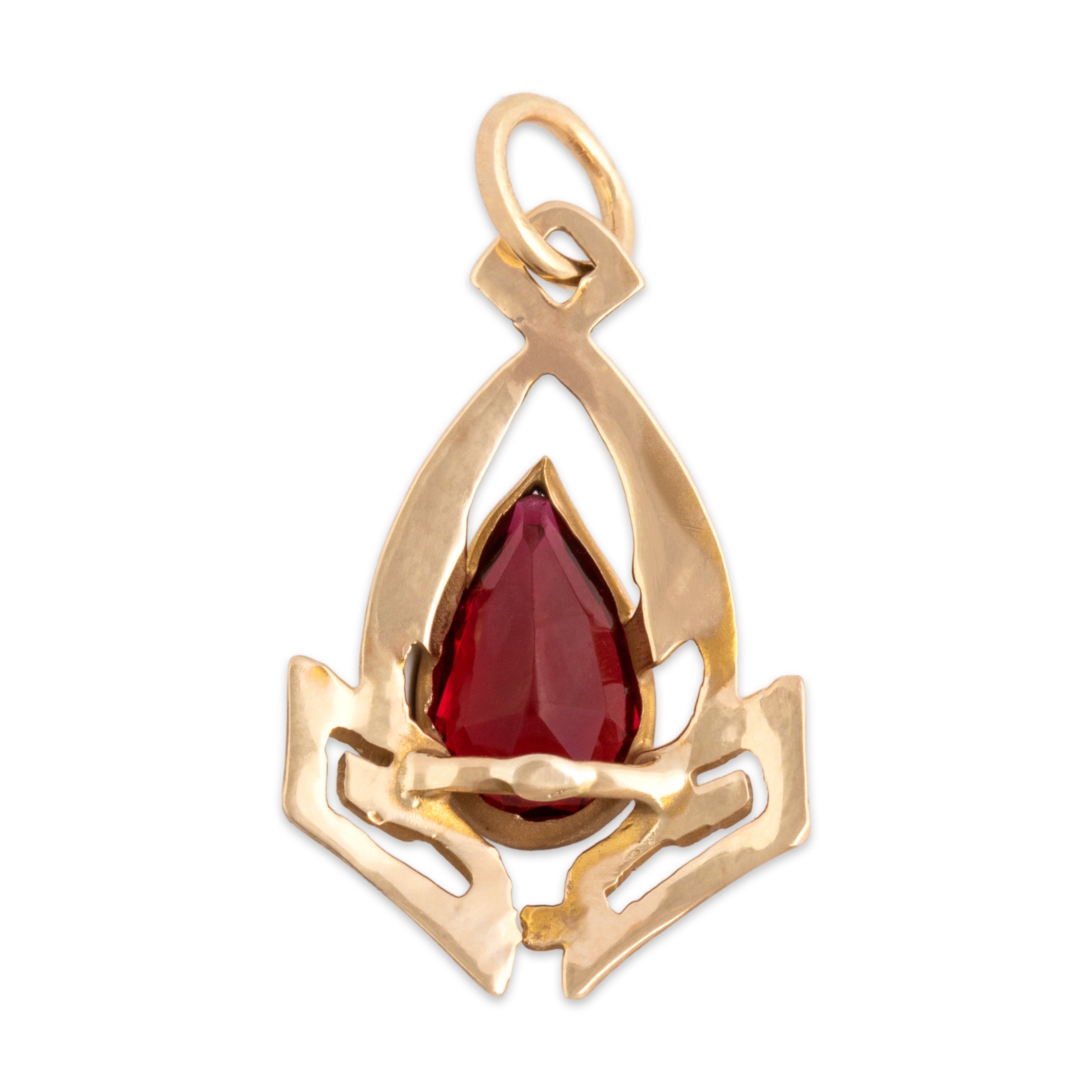 Antique Victorian 14k Yellow Gold Red Glass Artistic Geometric Pear Charm / Pendant - Back view