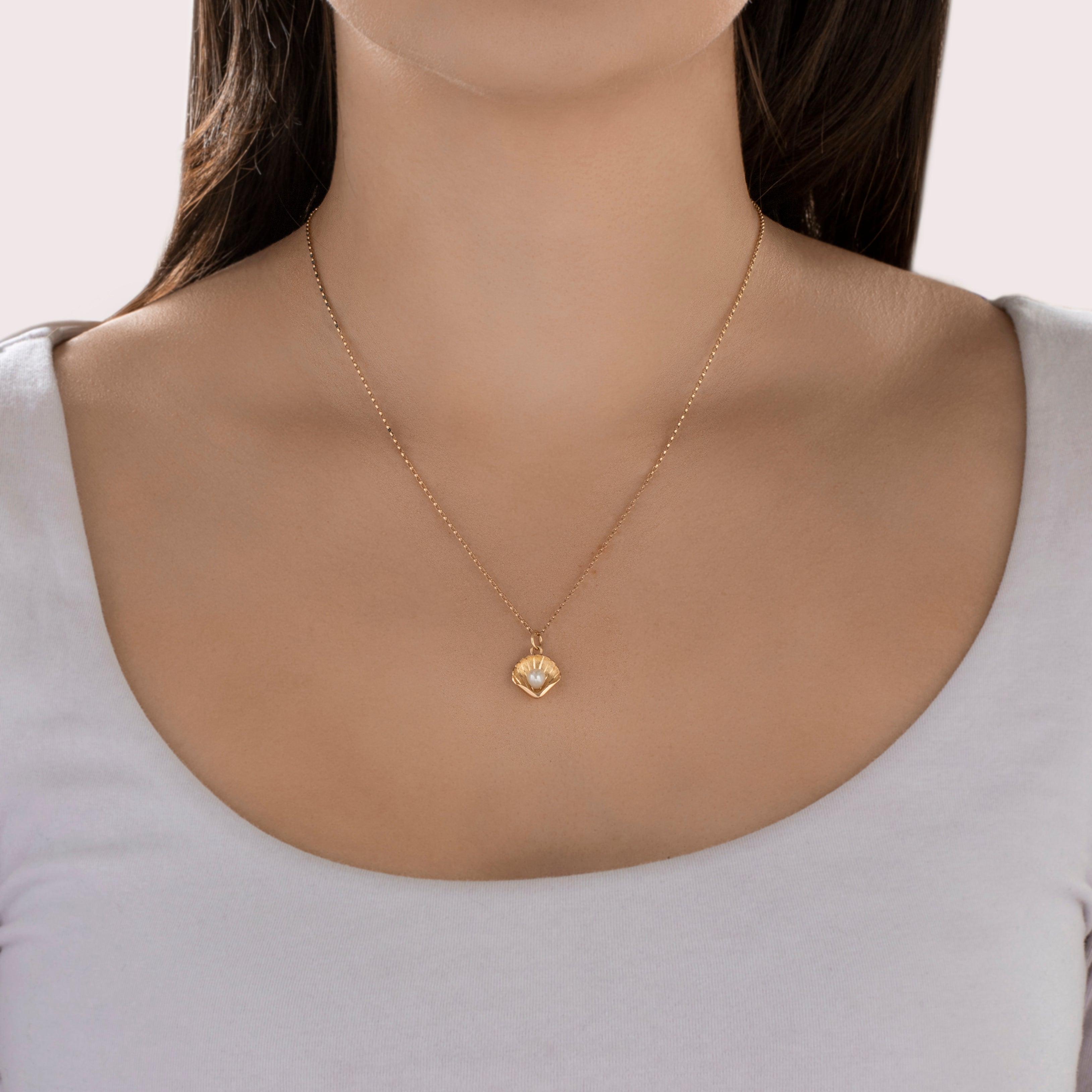 Antique 14k Yellow Gold Pearl Lustrous Sea Shell Charm / Pendant - On model view