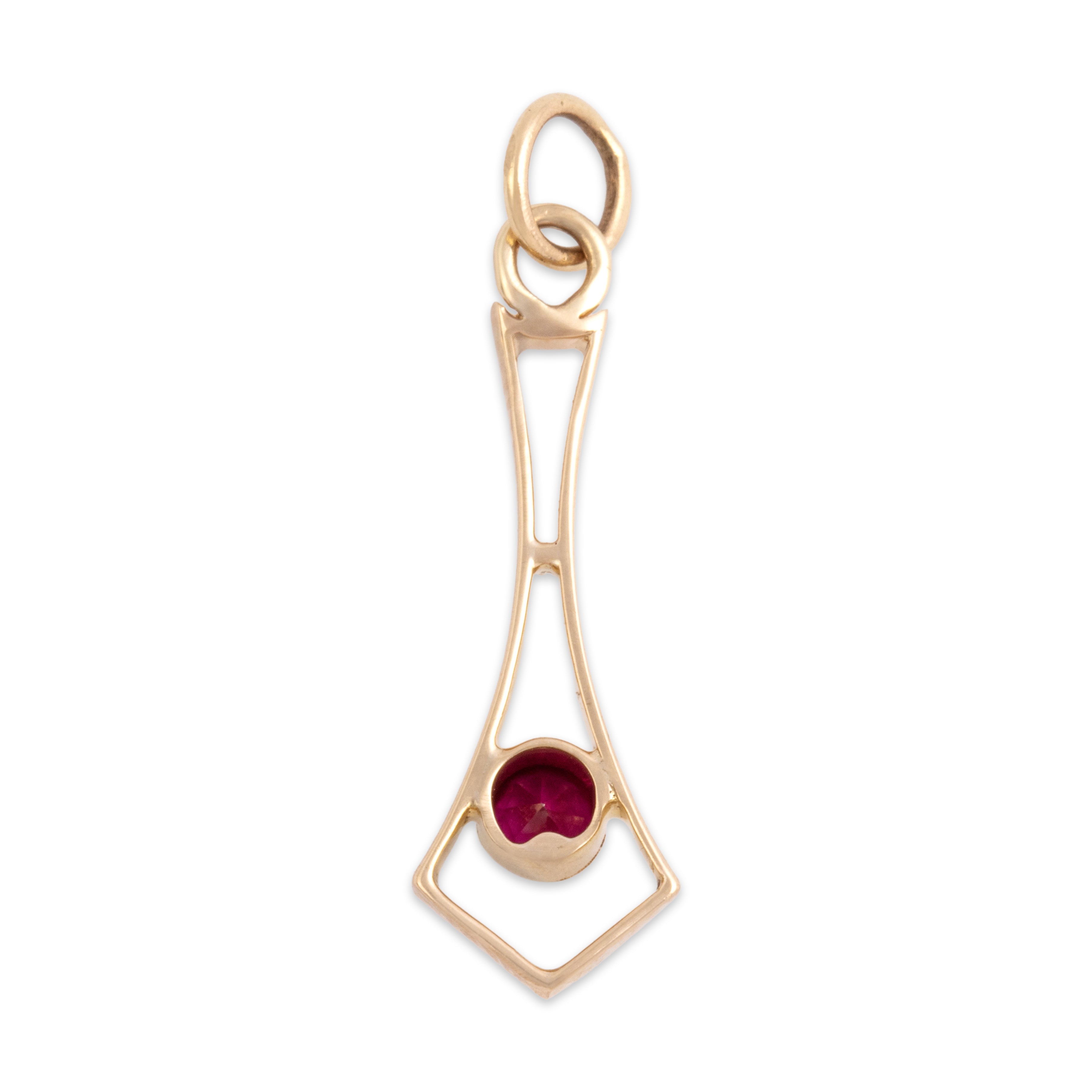 Antique Lightweight 10k Yellow Gold Synthetic Ruby Geometric Vibrant Solitaire Charm / Pendant - Back view