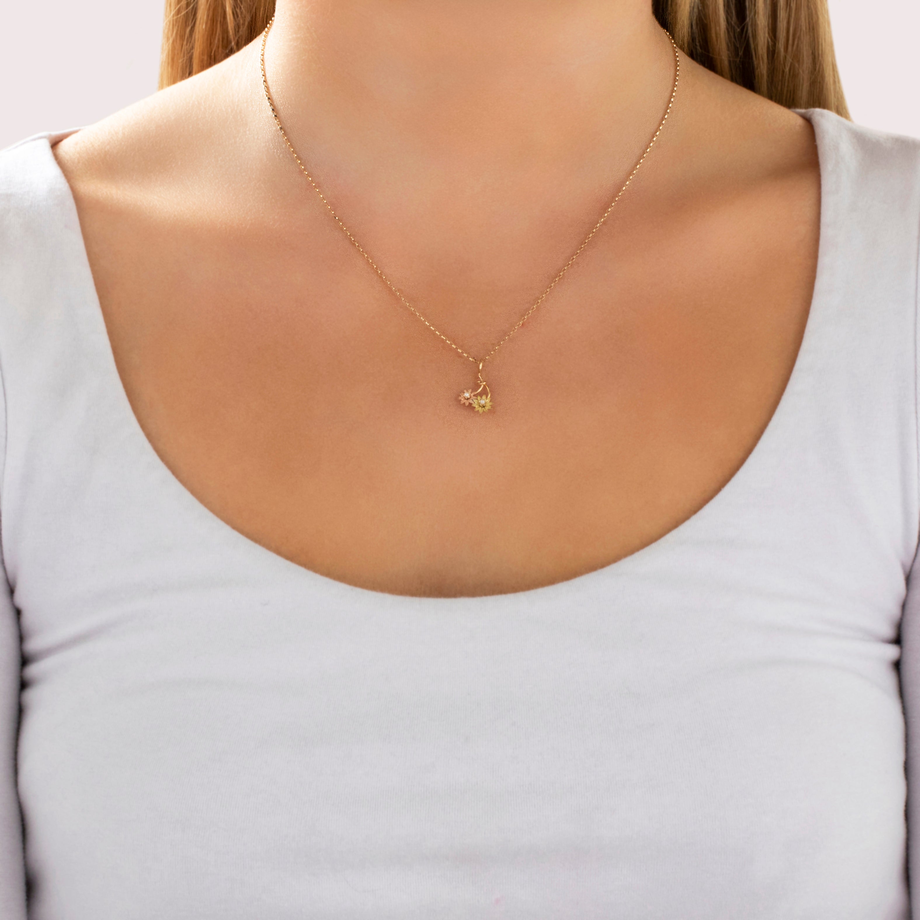 Antique Small Lovely 14k Yellow & Rose Gold Pearl Falling Daisies Charm / Pendant - On model view