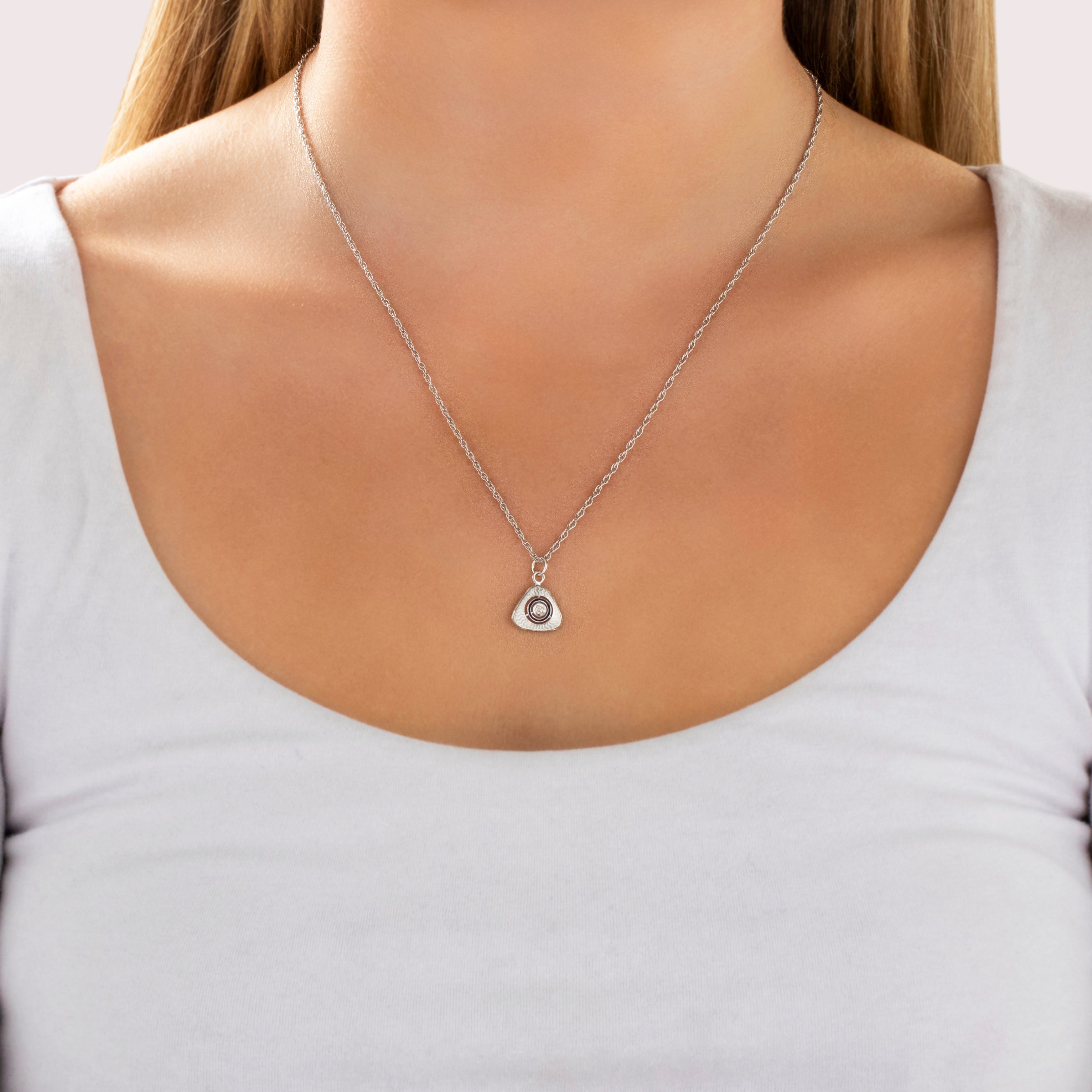 Antique Art Deco 14k White Gold Diamond Engine-Turned Blue Enamel Triangle Charm / Pendant - On model view