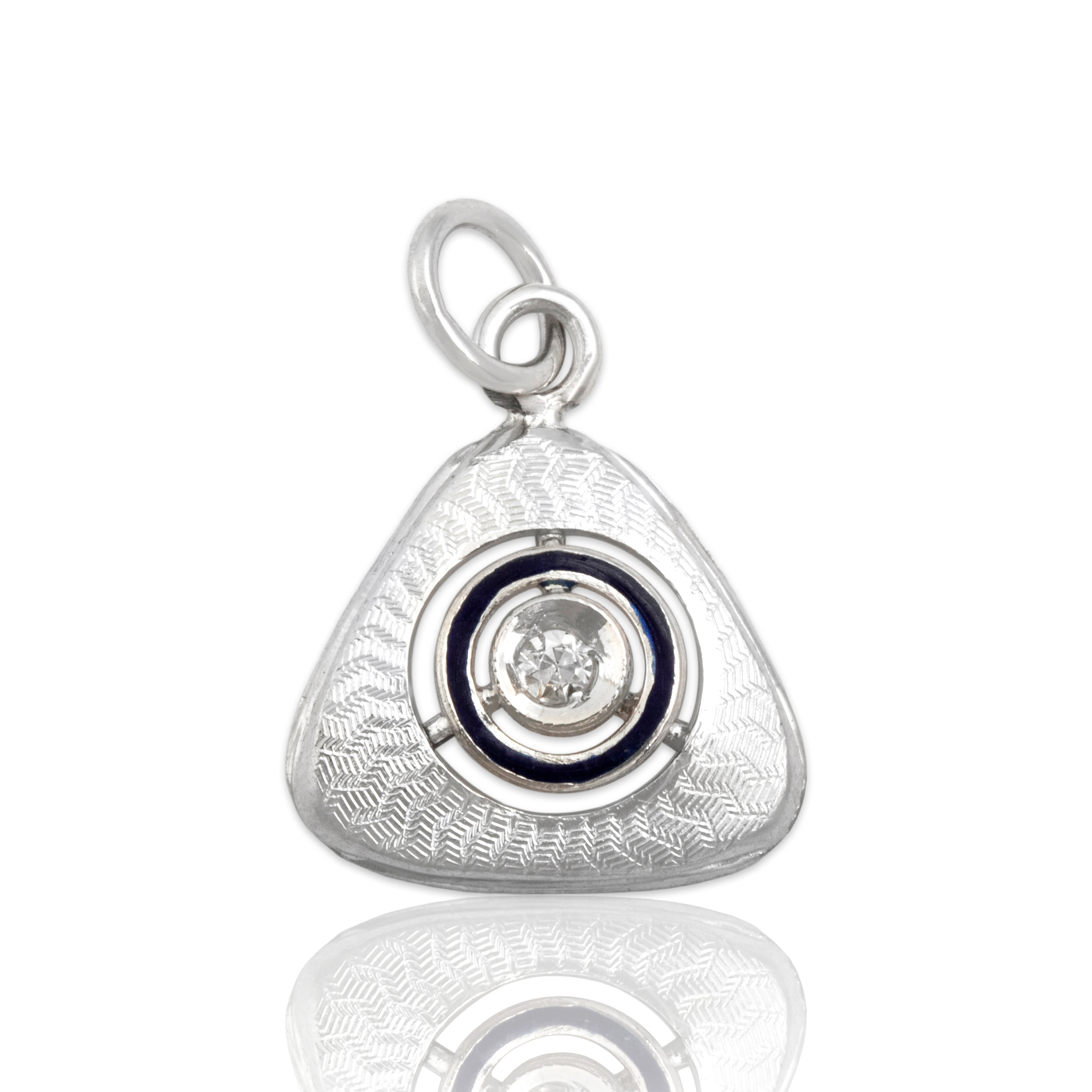Antique Art Deco 14k White Gold Diamond Engine-Turned Blue Enamel Triangle Charm / Pendant - Close-up view