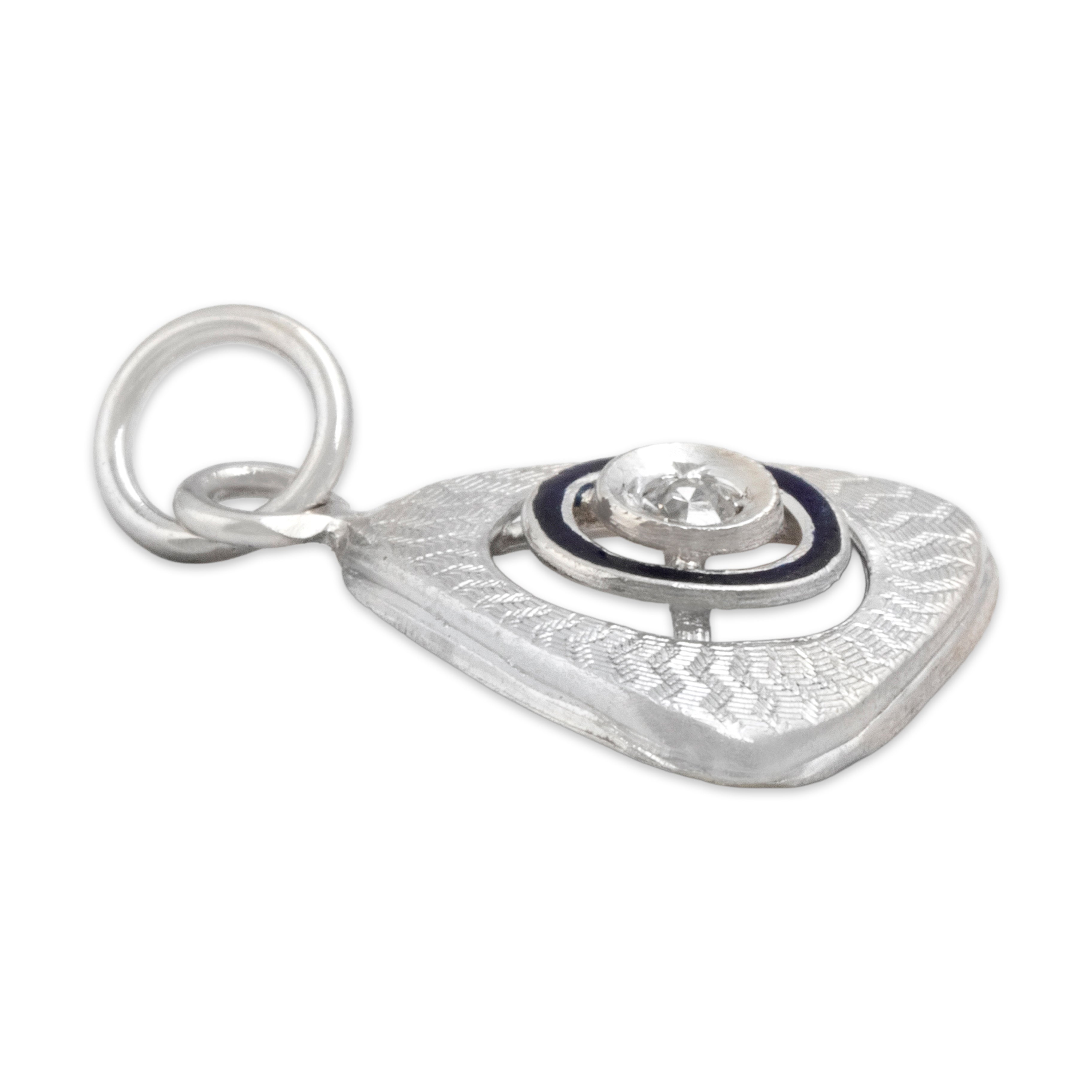 Antique Art Deco 14k White Gold Diamond Engine-Turned Blue Enamel Triangle Charm / Pendant - Side view