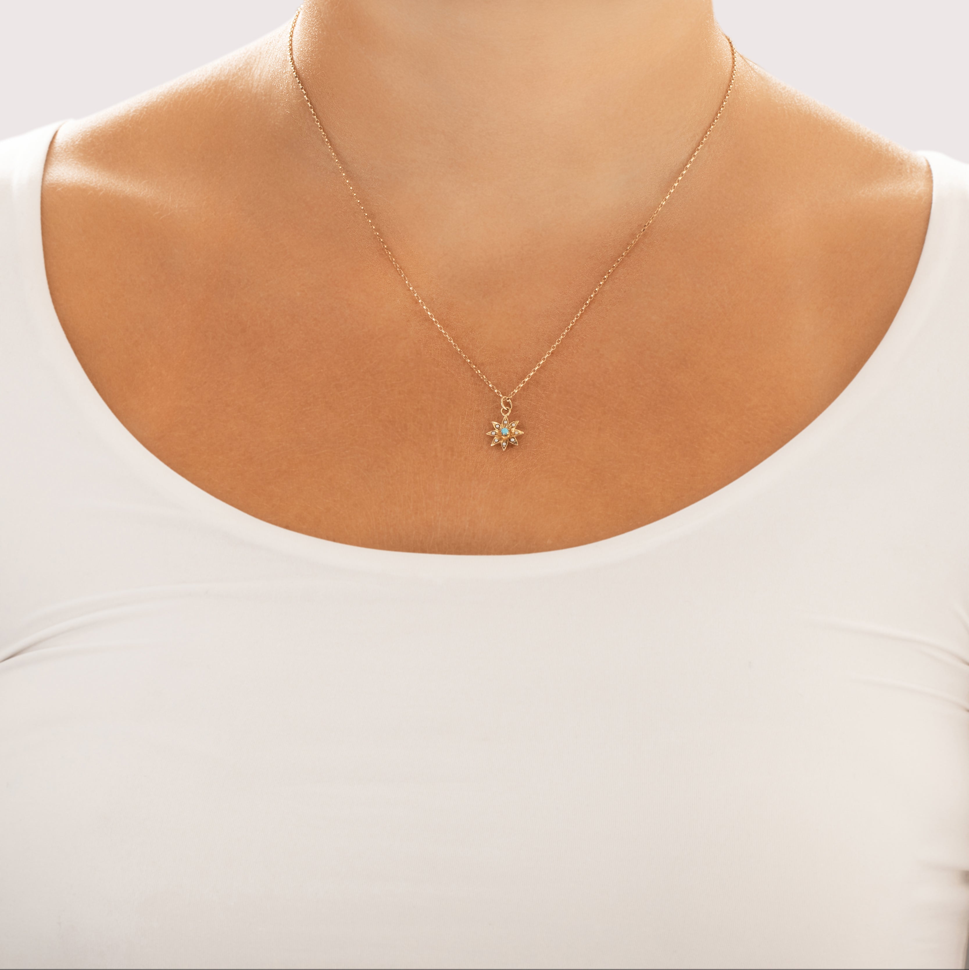 Antique 14k Yellow Gold Turquoise Pearl Sweet Star Flower Charm / Pendant - On model view