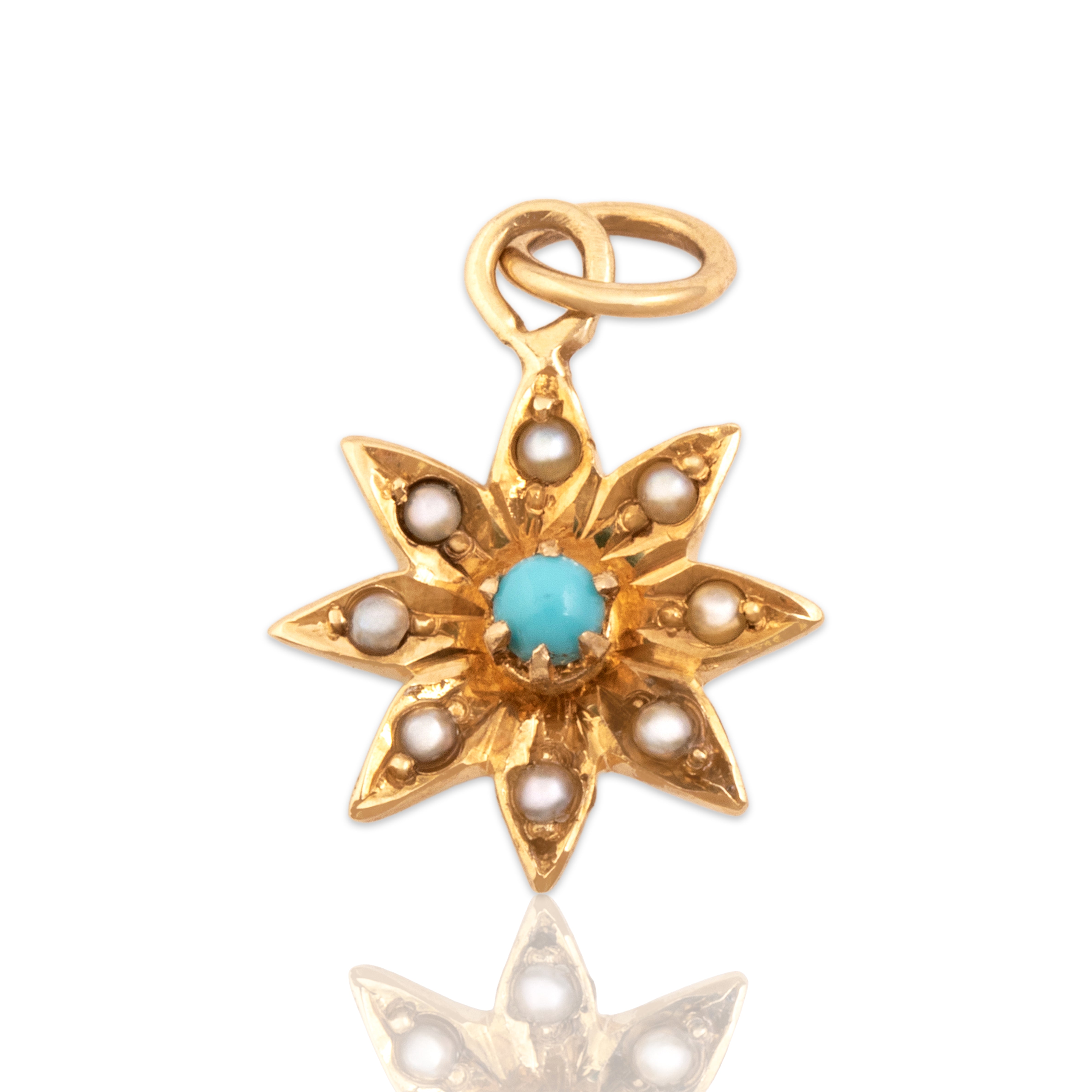 Antique 14k Yellow Gold Turquoise Pearl Sweet Star Flower Charm / Pendant - Close-up view
