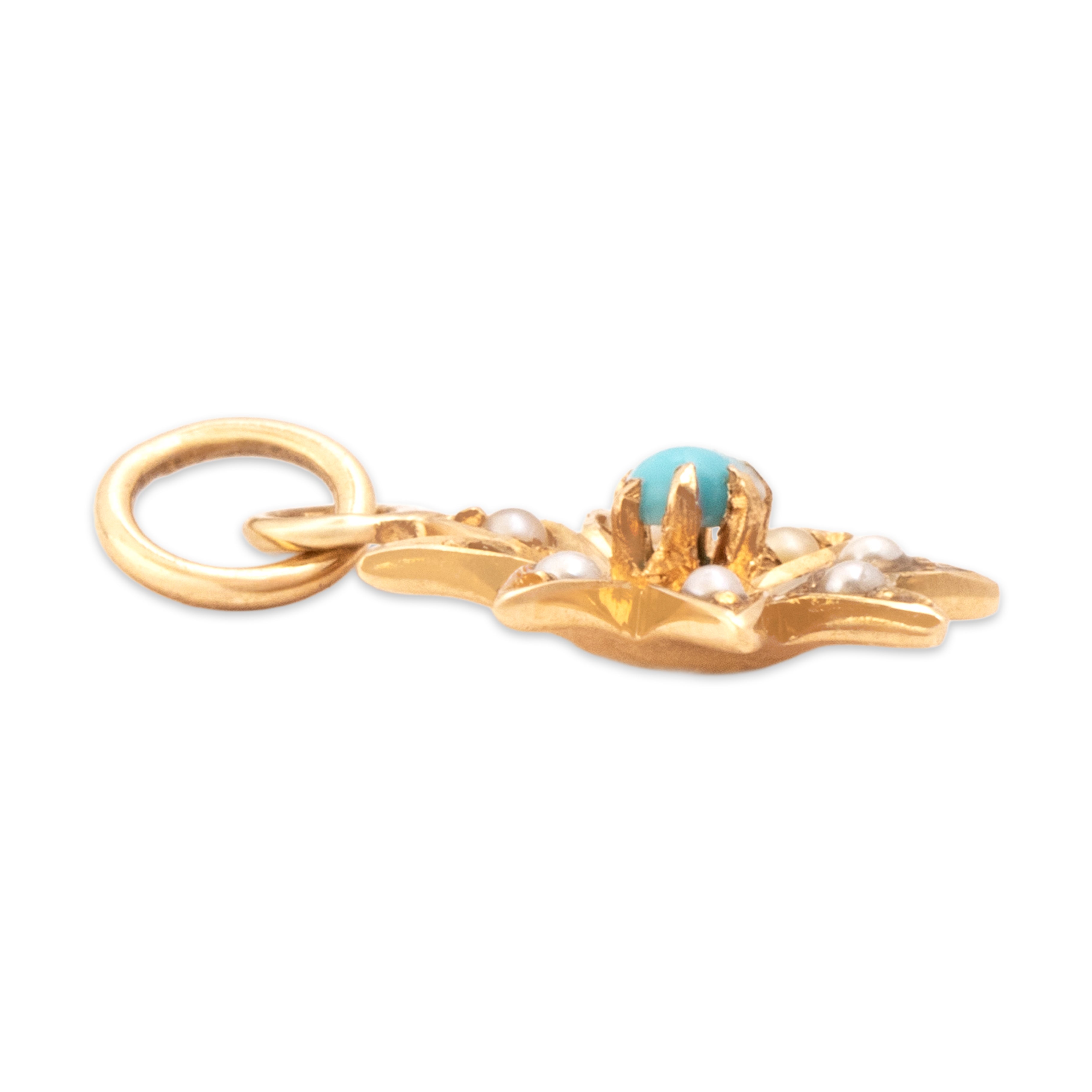 Antique 14k Yellow Gold Turquoise Pearl Sweet Star Flower Charm / Pendant - Side view