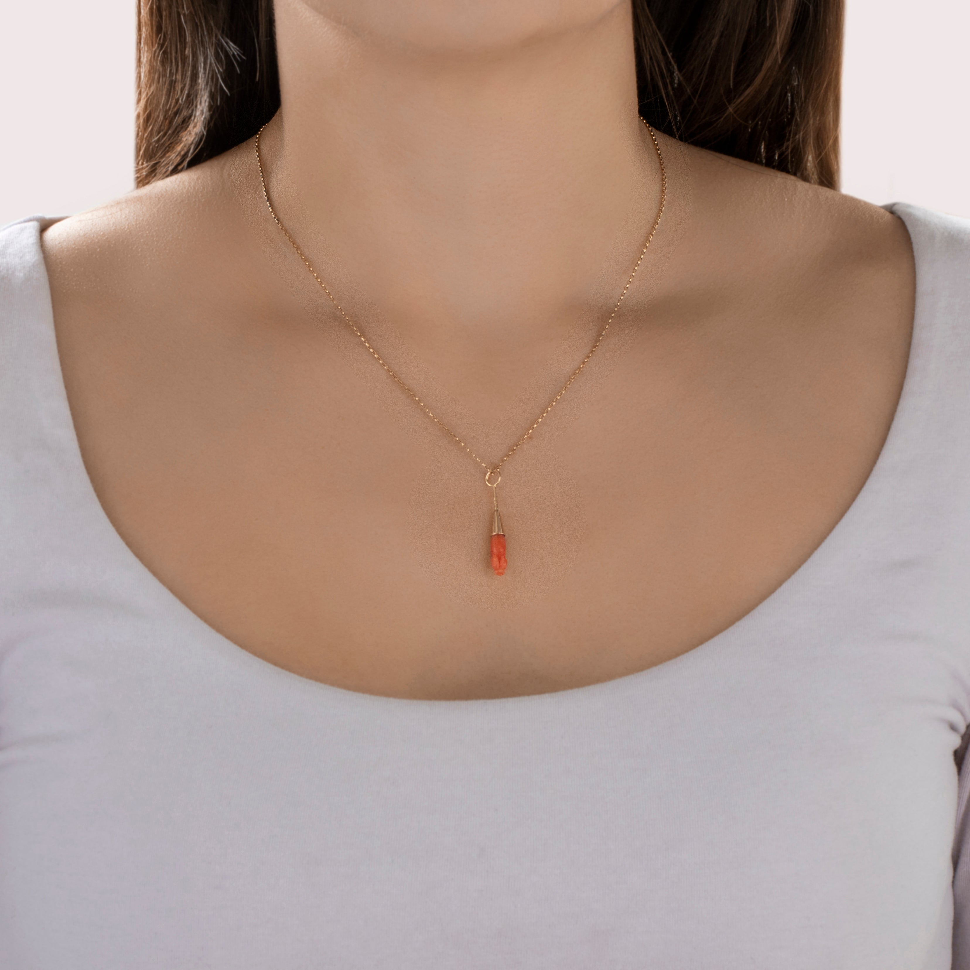 Antique Victorian 14k Rosy Yellow Gold Carved Coral Blossom Drop Pendant - On model view