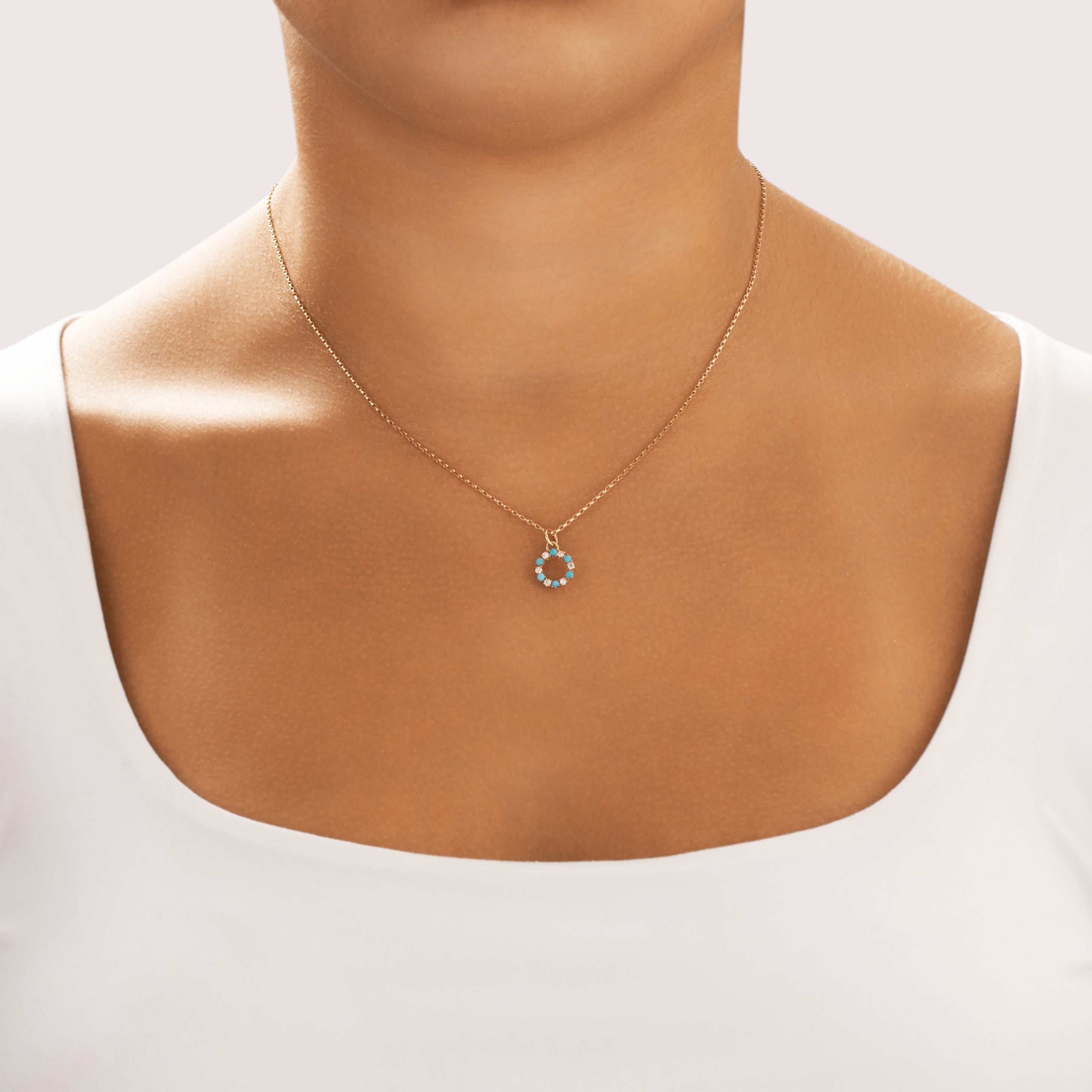 Antique Small 10k & 14k Yellow Gold Turquoise Diamond Alternating Glittering Wreath Charm / Pendant - On model view