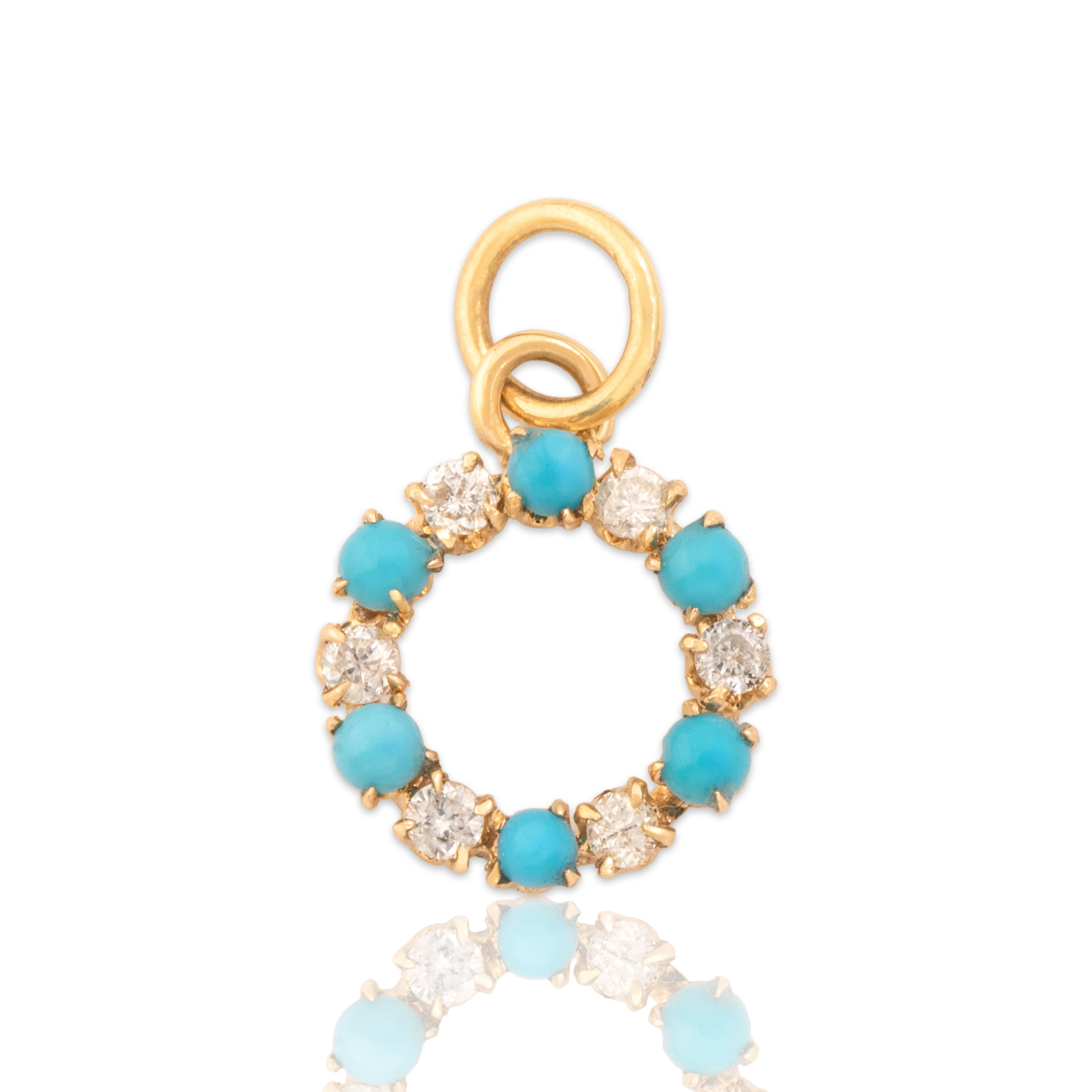 Antique Small 10k & 14k Yellow Gold Turquoise Diamond Alternating Glittering Wreath Charm / Pendant - Close-up view