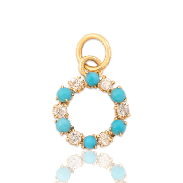 Antique Small 10k & 14k Yellow Gold Turquoise Diamond Alternating Wreath Charm