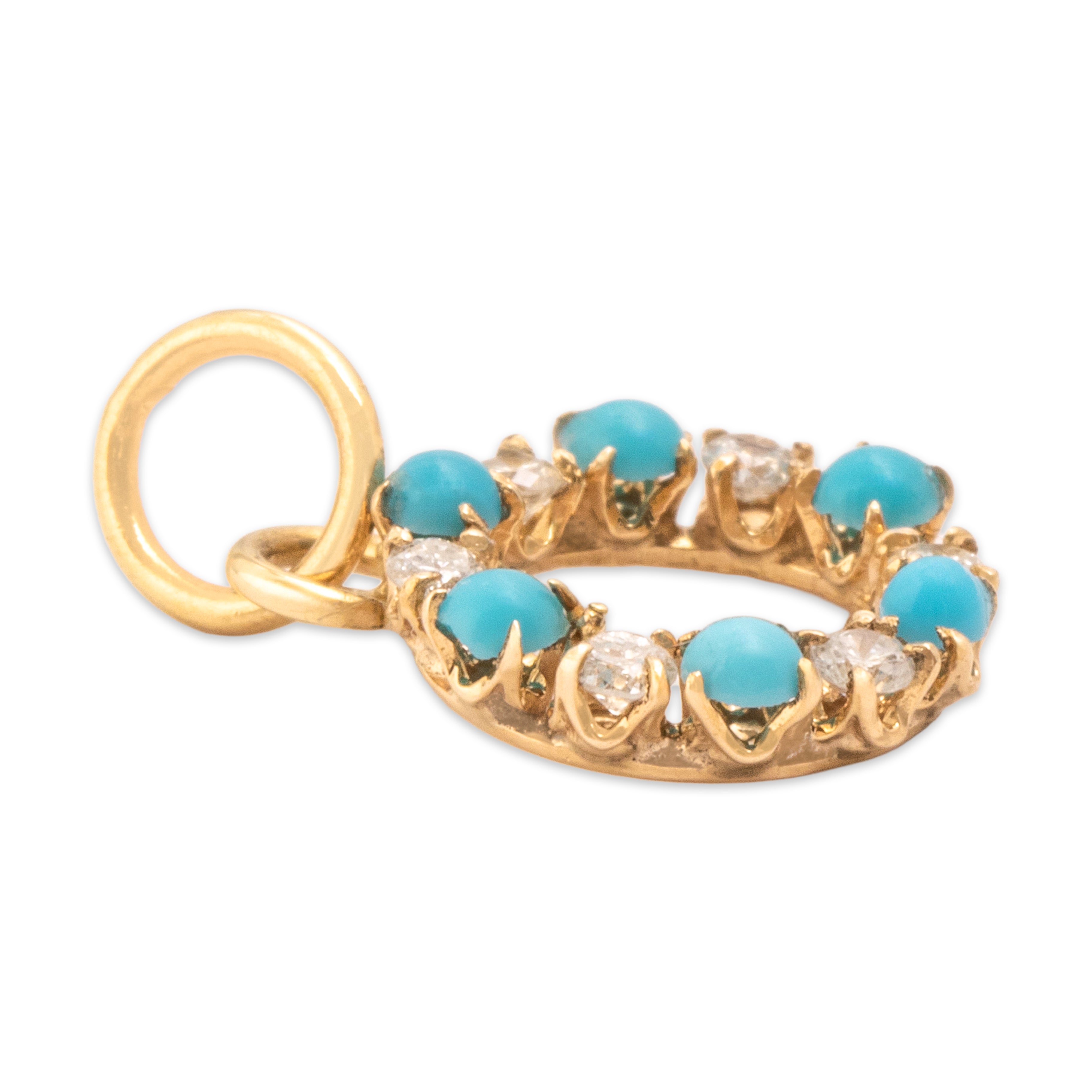Antique Small 10k & 14k Yellow Gold Turquoise Diamond Alternating Glittering Wreath Charm / Pendant - Side view