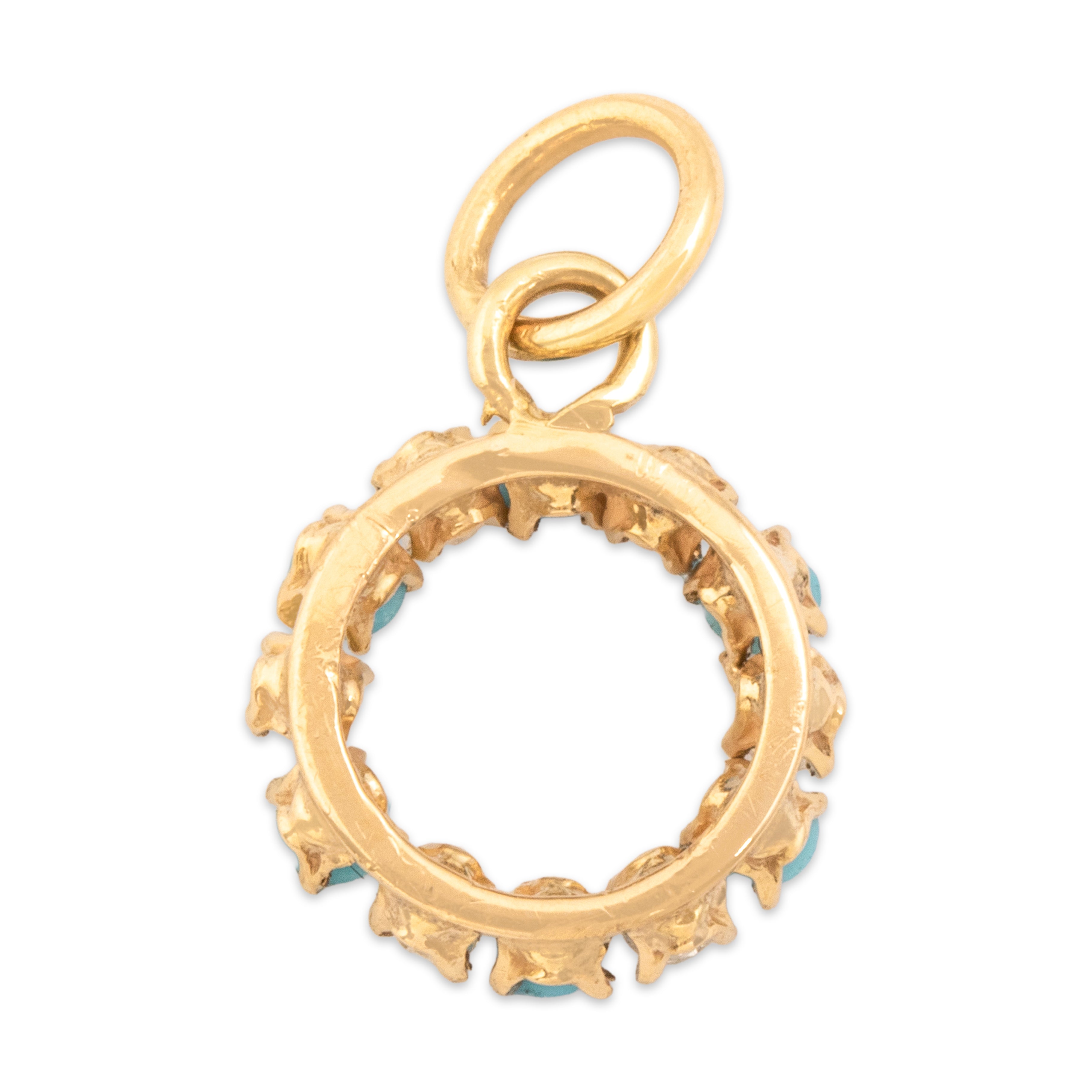 Antique Small 10k & 14k Yellow Gold Turquoise Diamond Alternating Glittering Wreath Charm / Pendant - Back view