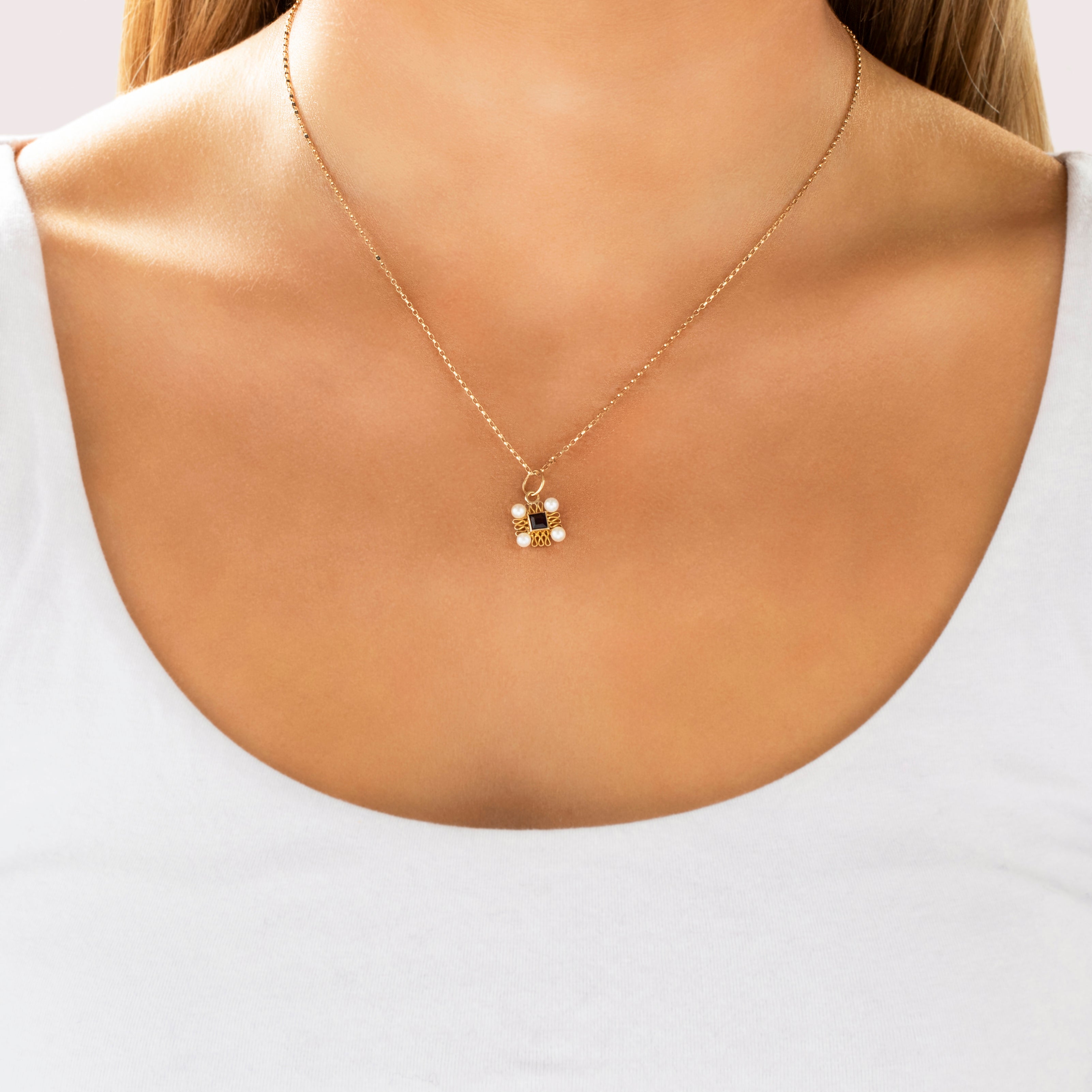 Antique 14k Yellow Gold Amethyst Pearl Fabulous Ribbon Square Charm / Pendant - On model view