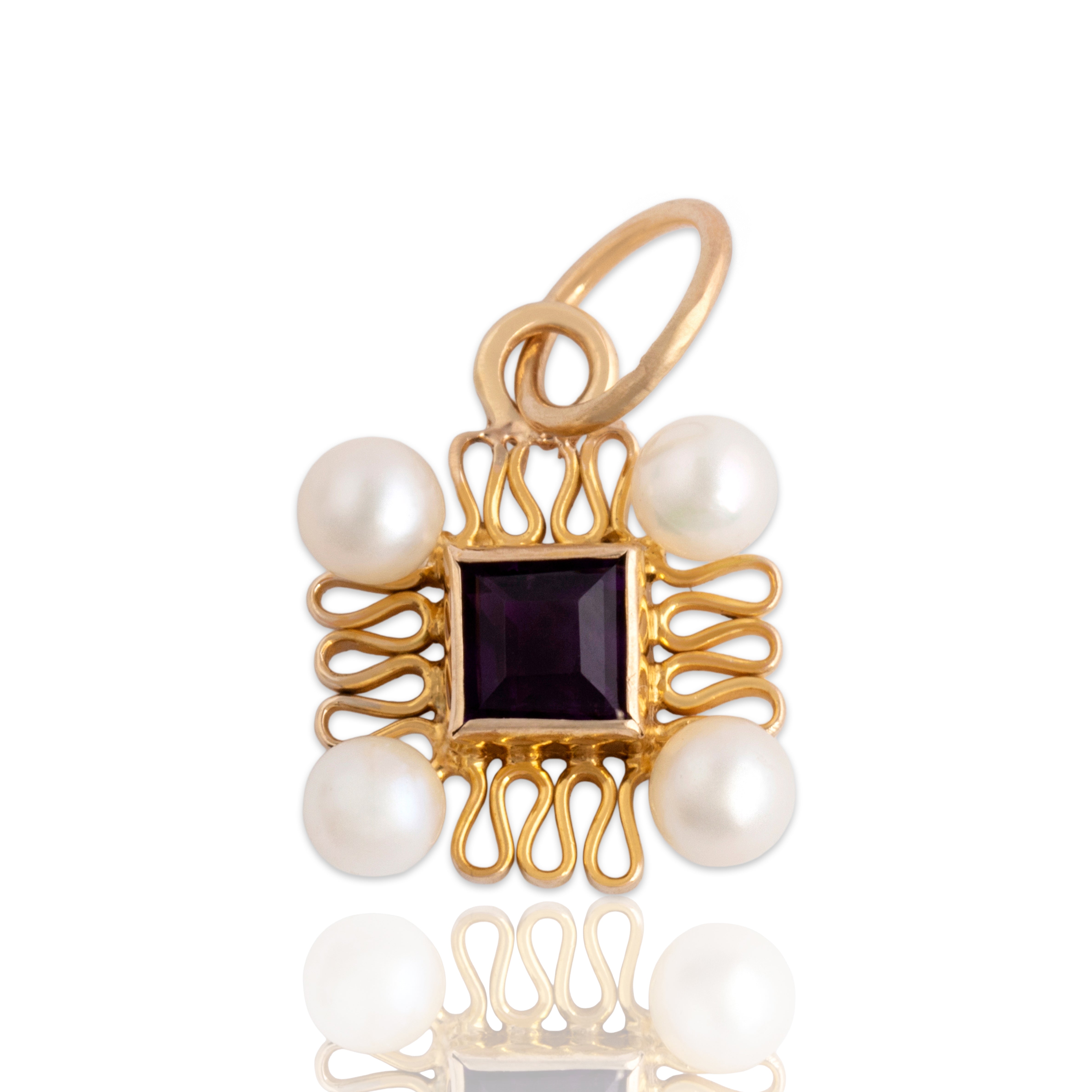 Antique 14k Yellow Gold Amethyst Pearl Fabulous Ribbon Square Charm / Pendant - Close-up view
