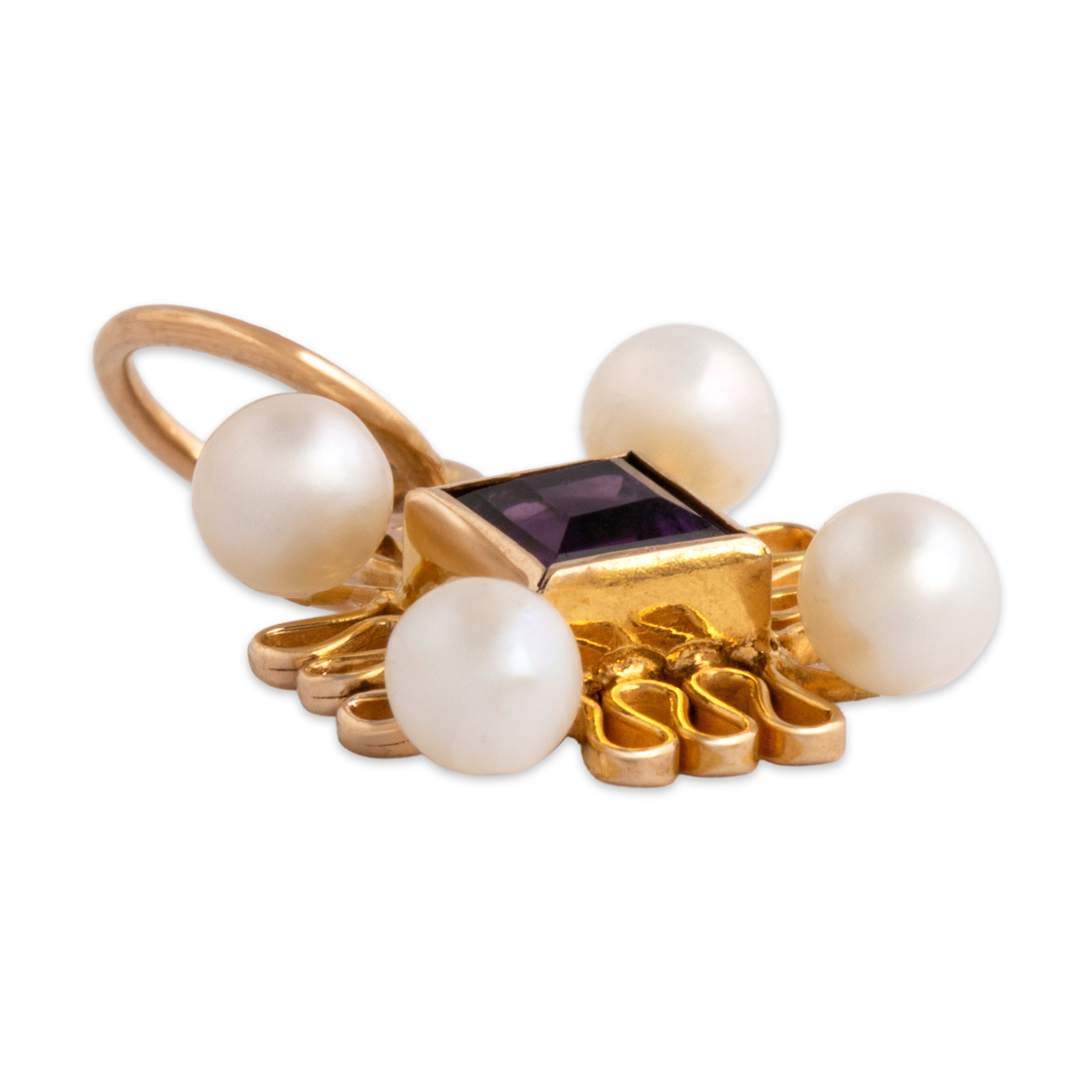 Antique 14k Yellow Gold Amethyst Pearl Fabulous Ribbon Square Charm / Pendant - Side view