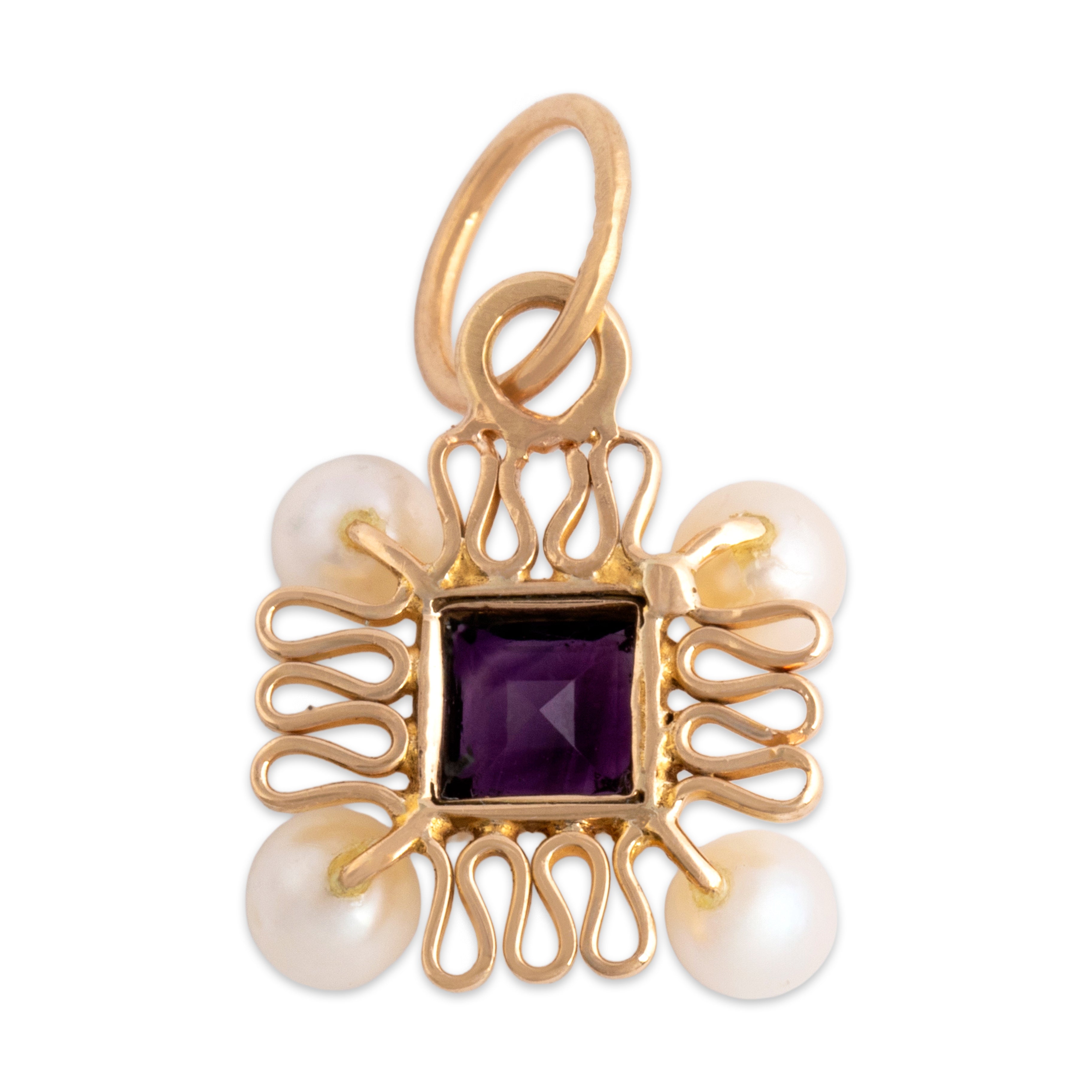 Antique 14k Yellow Gold Amethyst Pearl Fabulous Ribbon Square Charm / Pendant - Back view