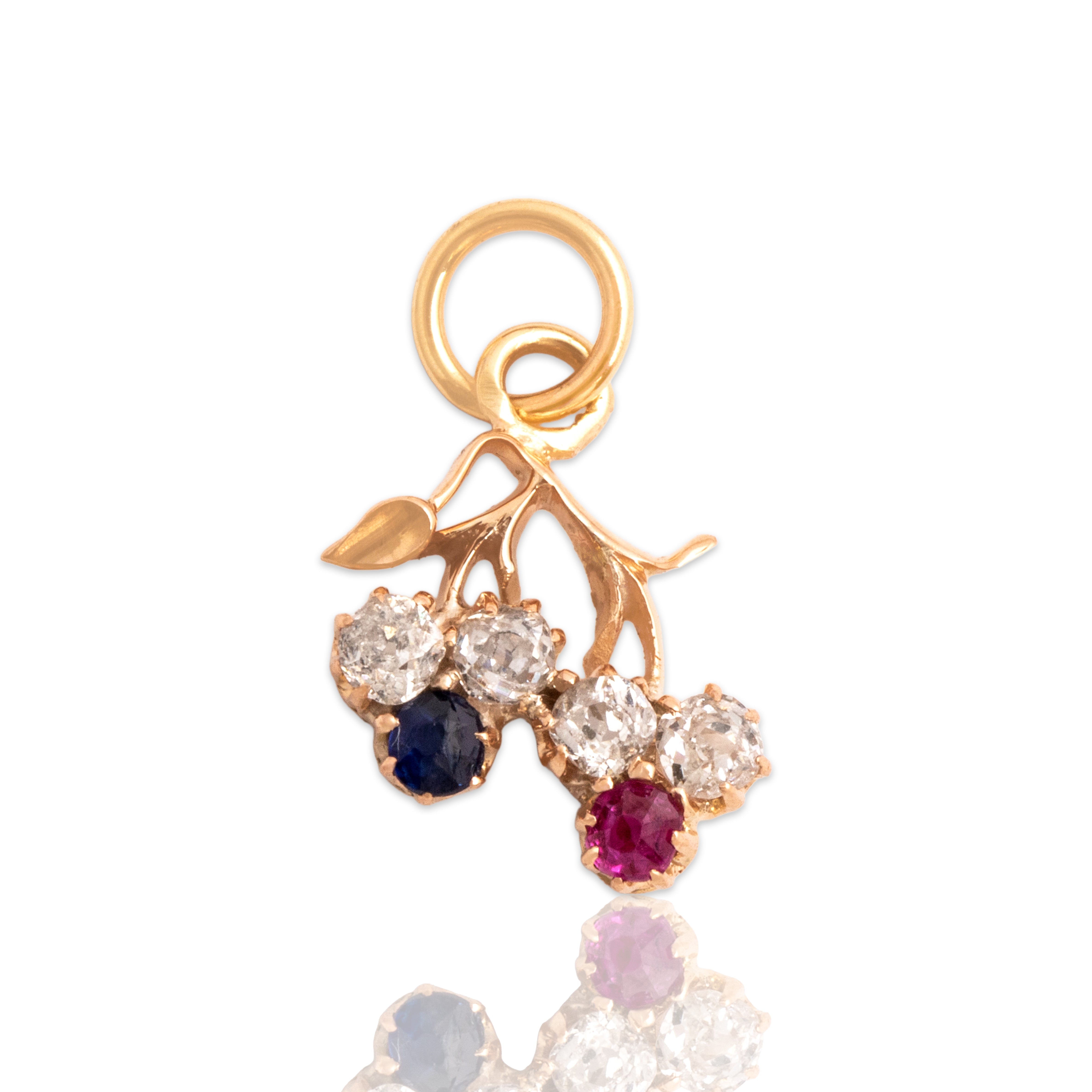 Antique Victorian Small 14k Rosy Yellow Gold Old Mine Cut Diamond Blue Natural Sapphire Synthetic Ruby Twin Clover Charm / Pendant - Close-up view