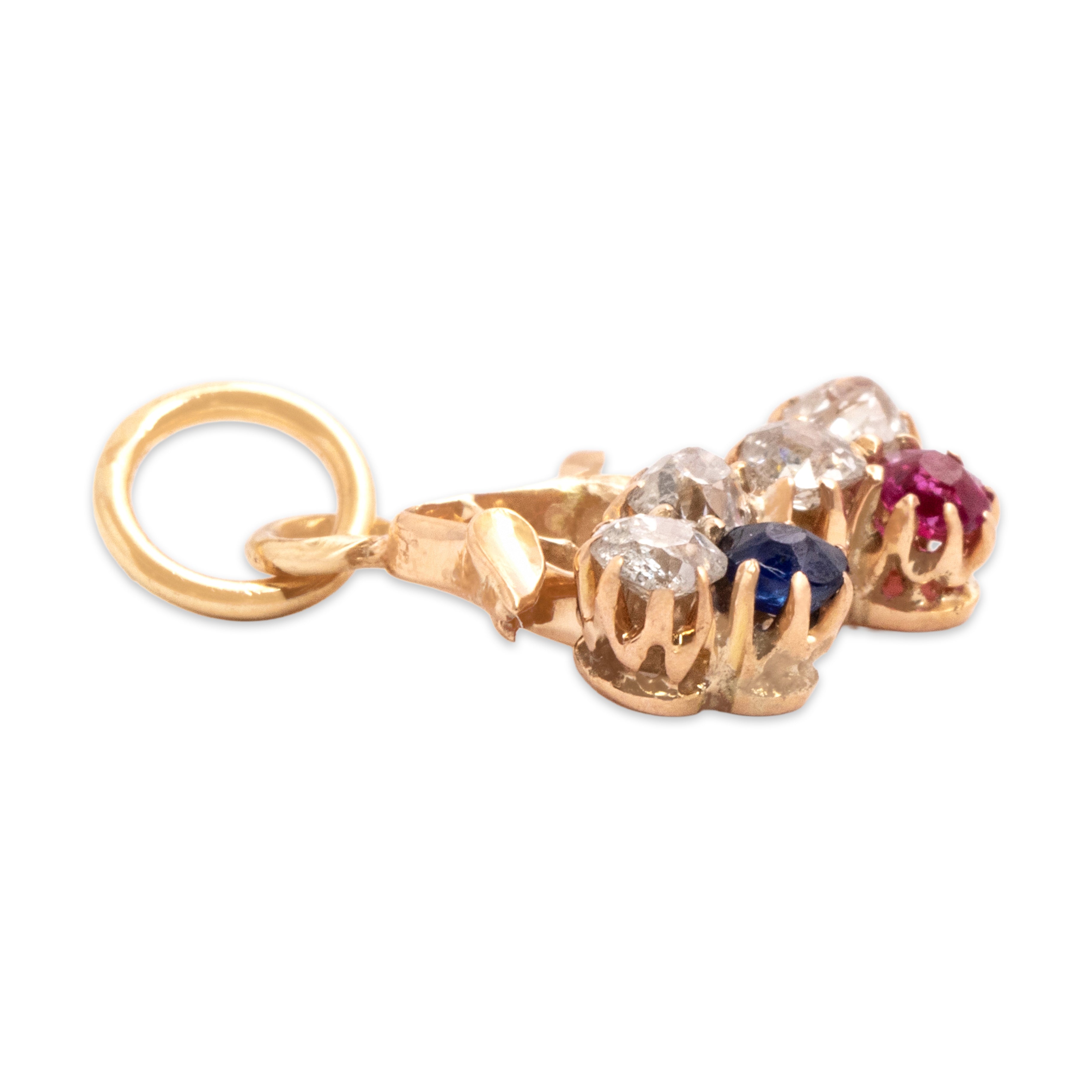 Antique Victorian Small 14k Rosy Yellow Gold Old Mine Cut Diamond Blue Natural Sapphire Synthetic Ruby Twin Clover Charm / Pendant - Side view