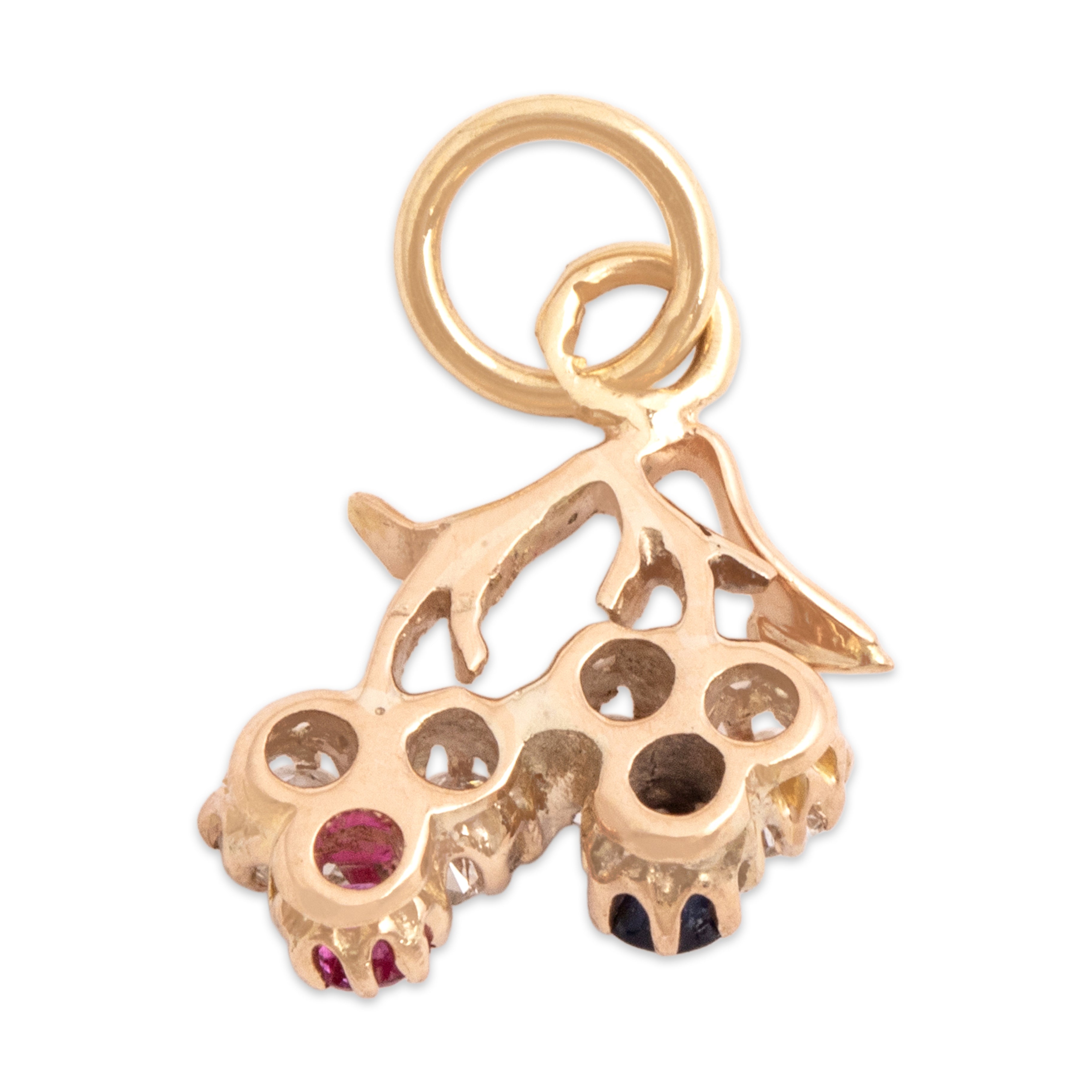 Antique Victorian Small 14k Rosy Yellow Gold Old Mine Cut Diamond Blue Natural Sapphire Synthetic Ruby Twin Clover Charm / Pendant - Back view