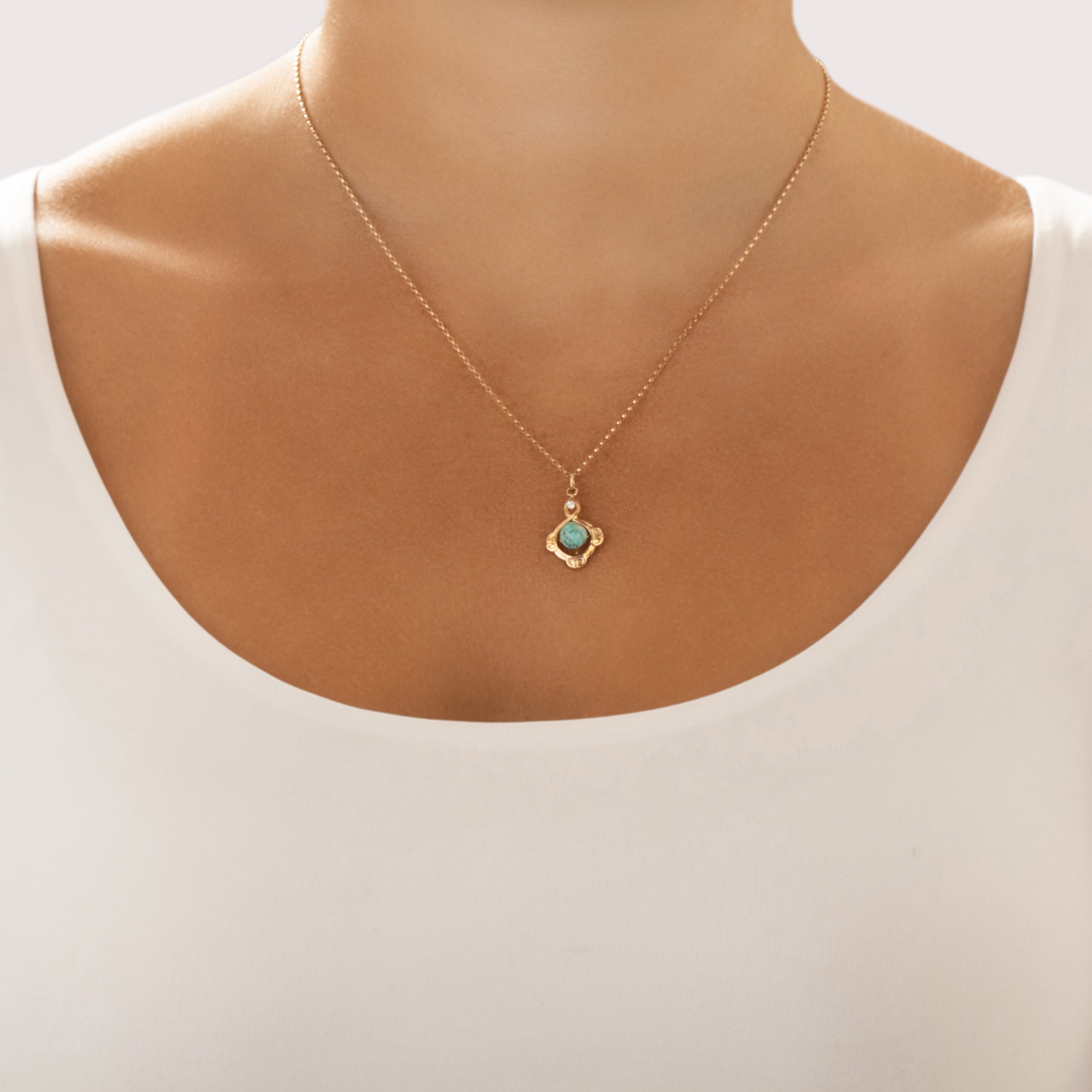 Antique 10k Yellow Gold 1.31ct Turquoise Diamond Gleaming Crossover Cabochon Charm / Pendant - On model view