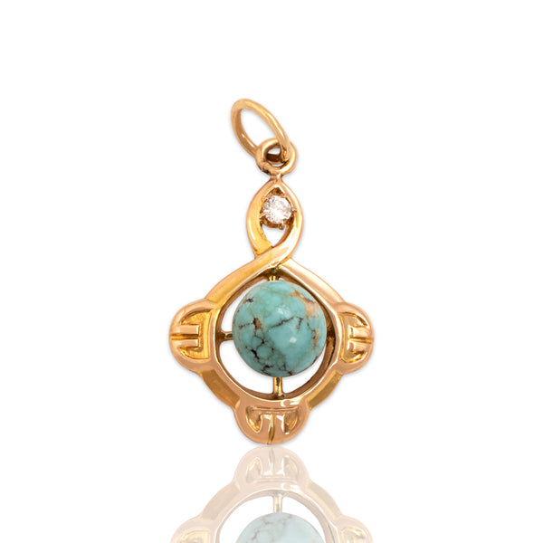 Antique 10k Yellow Gold 1.31ct Turquoise Diamond Crossover Charm / Pendant