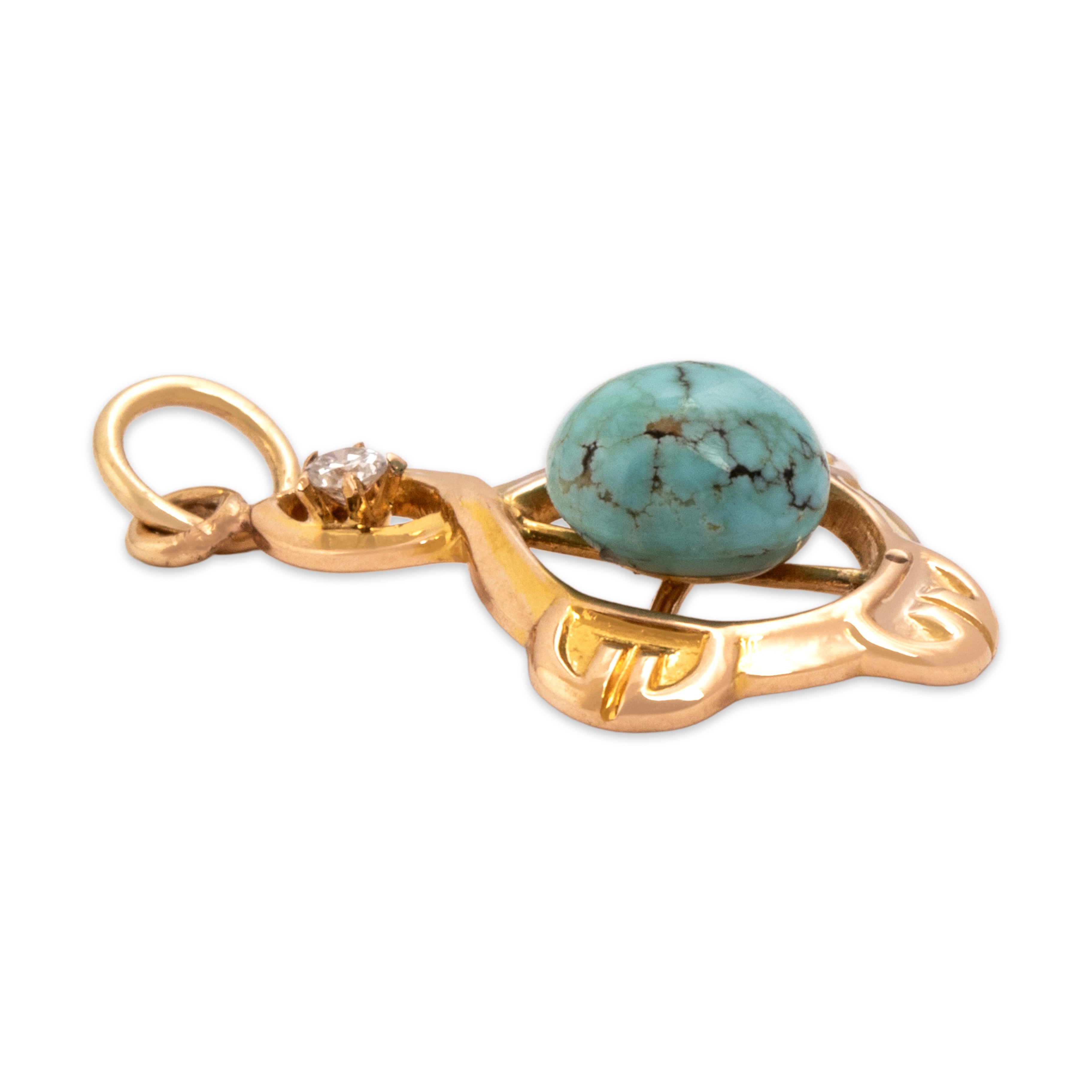 Antique 10k Yellow Gold 1.31ct Turquoise Diamond Crossover Charm / Pendant