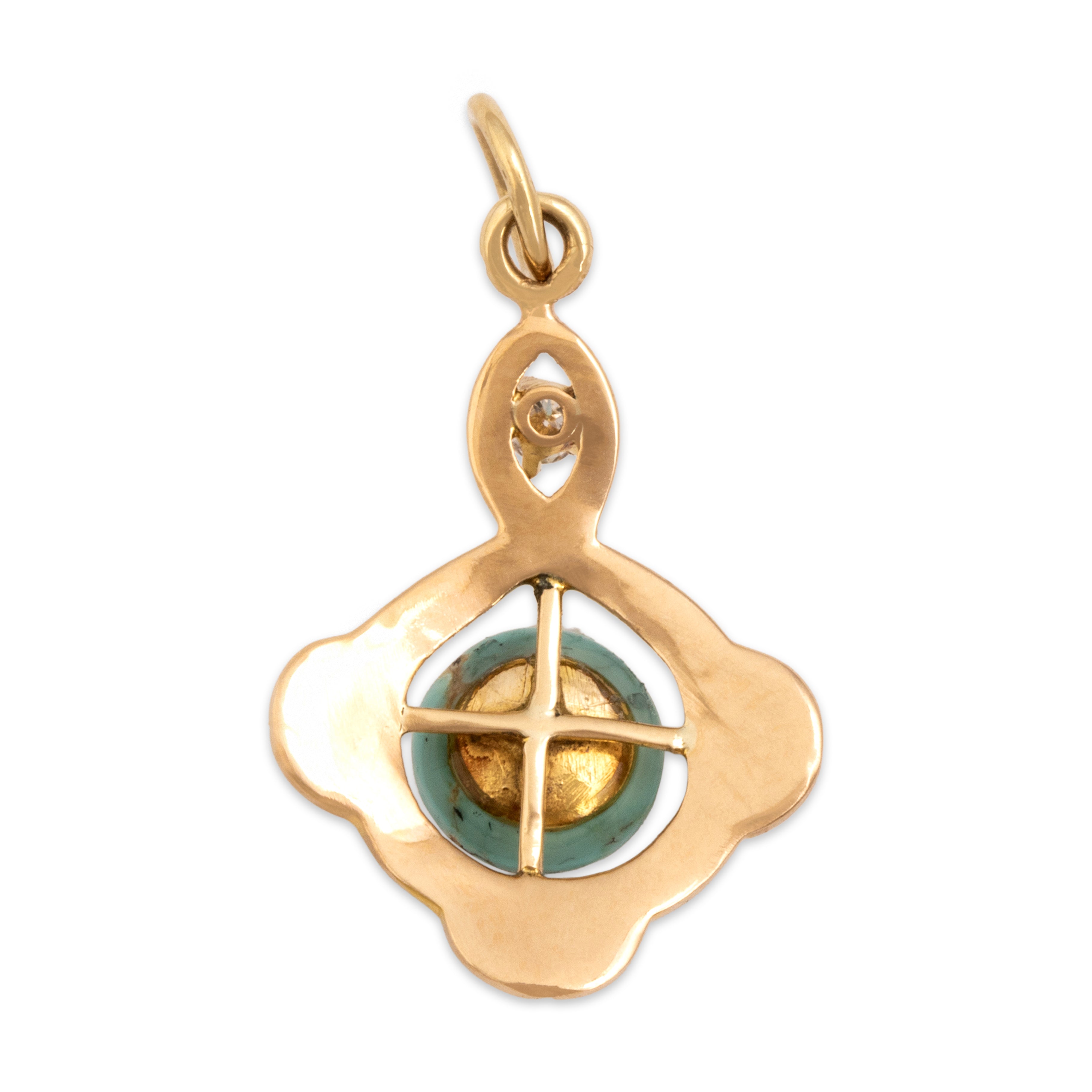 Antique 10k Yellow Gold 1.31ct Turquoise Diamond Gleaming Crossover Cabochon Charm / Pendant - Back view