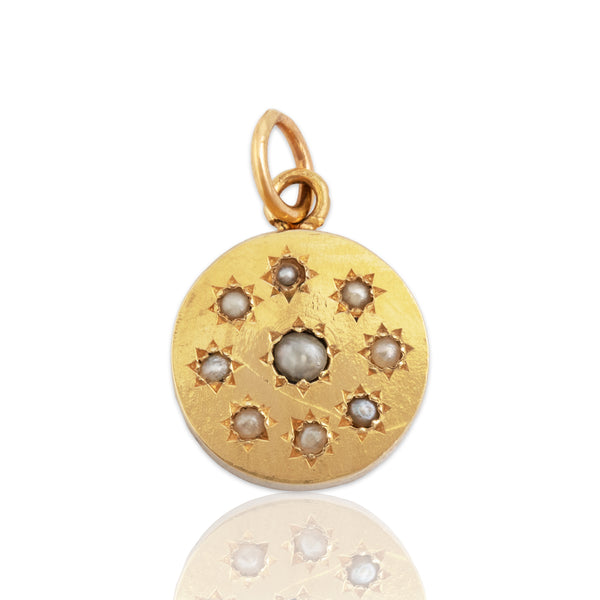 Antique Victorian 14k Yellow Gold Seed Pearl Star-Set Disc Charm / Pendant