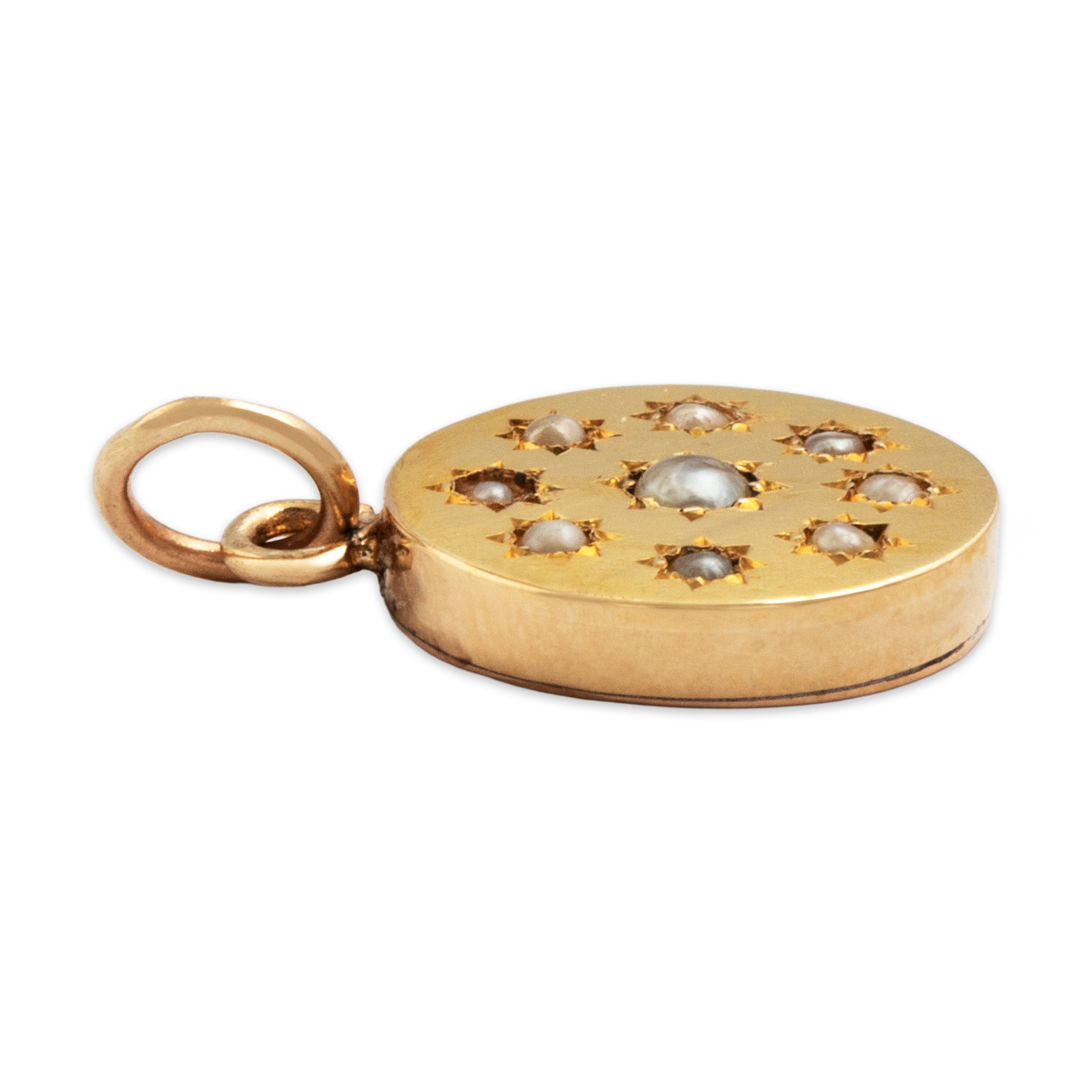 Antique Victorian 14k Yellow Gold Seed Pearl Star-Set Luminous Disc Charm / Pendant - Side view