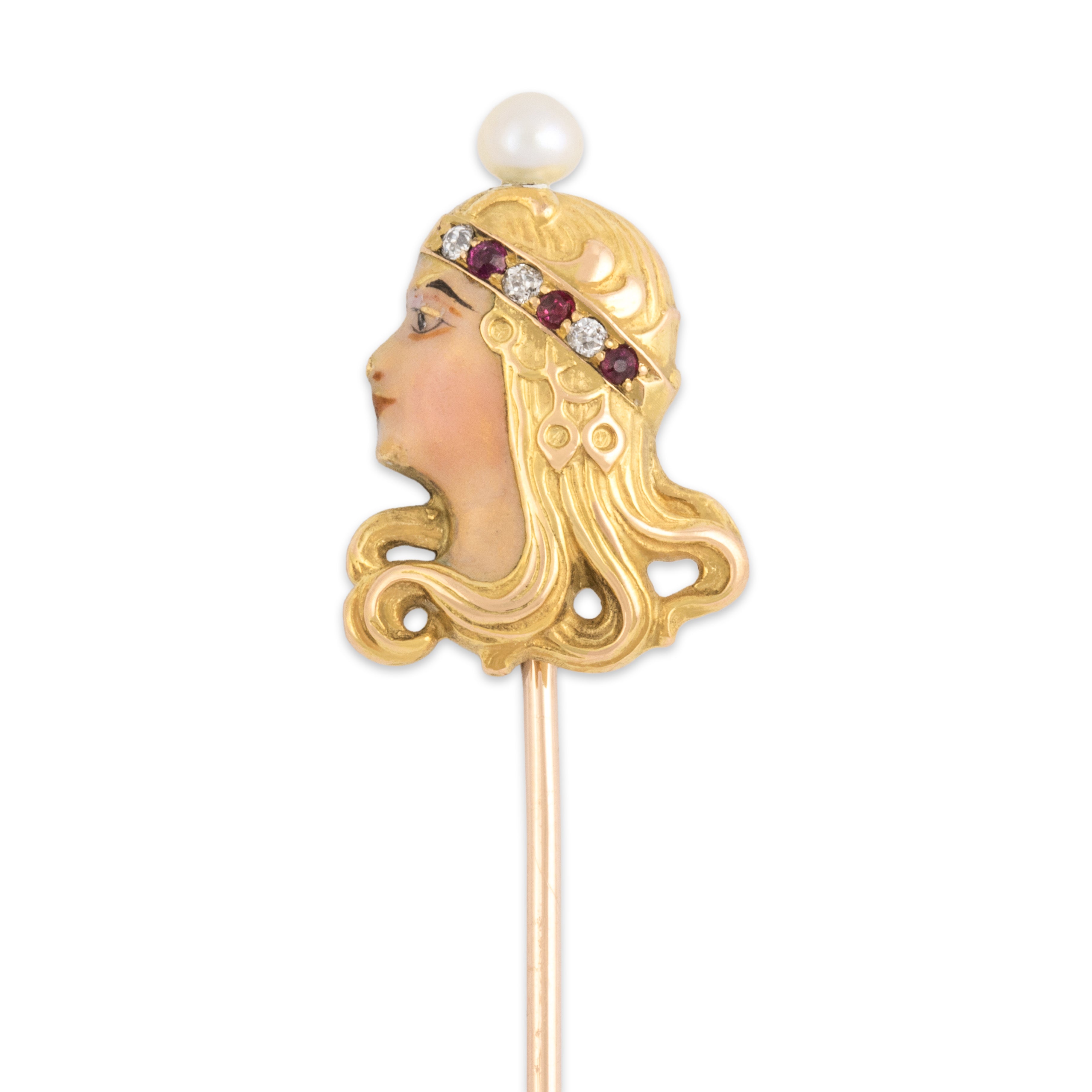 Antique Art Nouveau 14k Yellow Gold & 10k Rosy Yellow Gold Ruby Old Mine Cut Diamond Pearl Enameled Female Figure Stick Pin - detail view #1