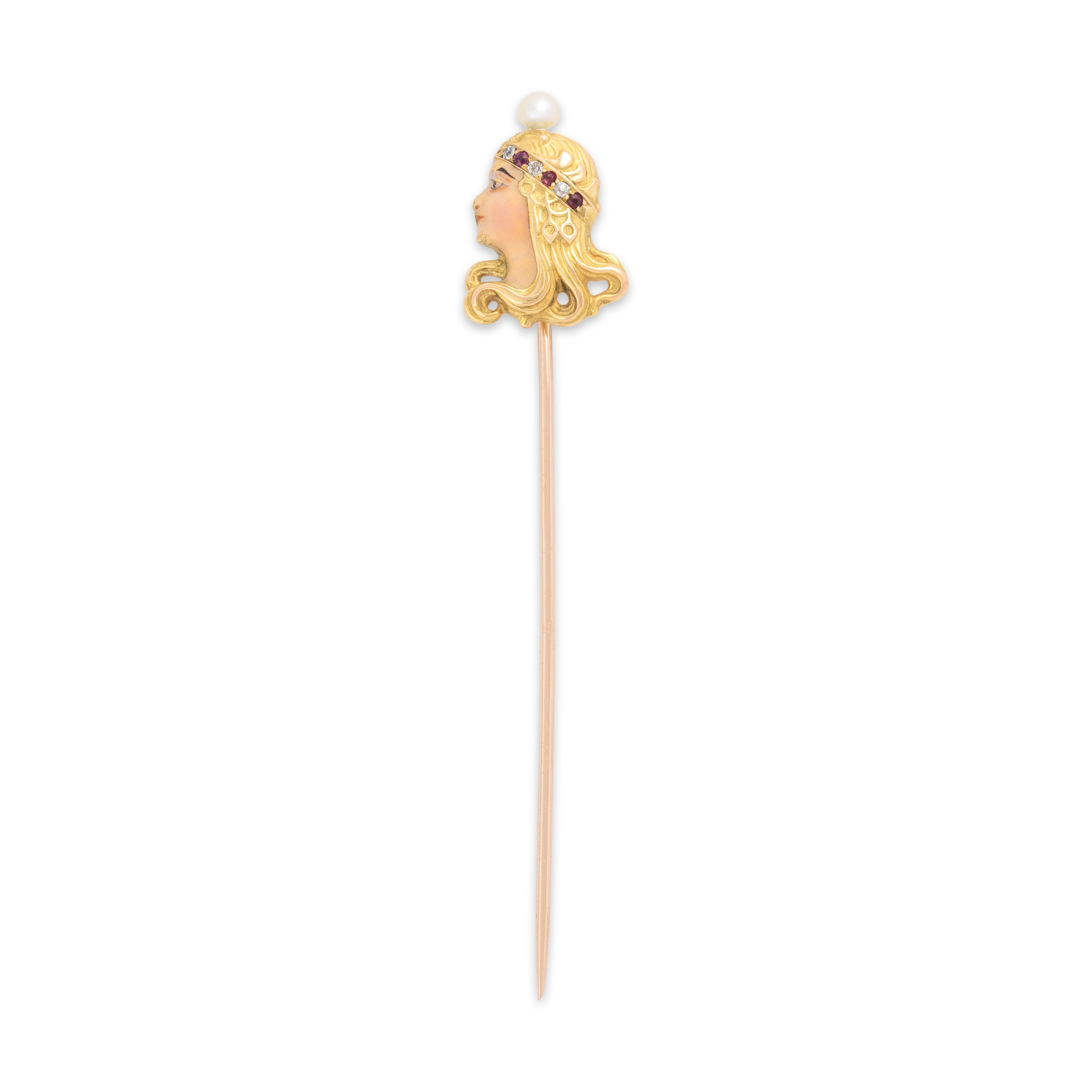 Antique Art Nouveau 14k Yellow Gold & 10k Rosy Yellow Gold Ruby Old Mine Cut Diamond Pearl Enameled Female Figure Stick Pin - Close-up view