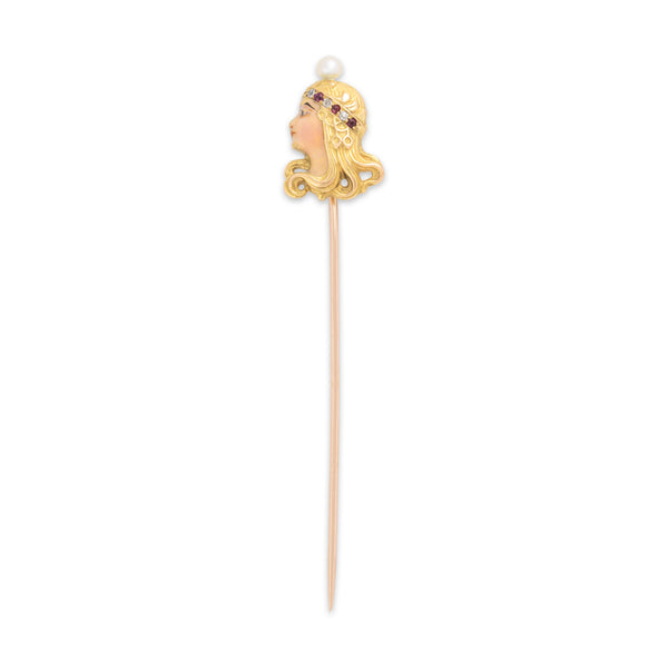 Antique Art Nouveau 14k Yellow Gold & 10k Rosy Yellow Gold Ruby Old Mine Cut Diamond Pearl Enameled Female Figure Stick Pin - Close-up view
