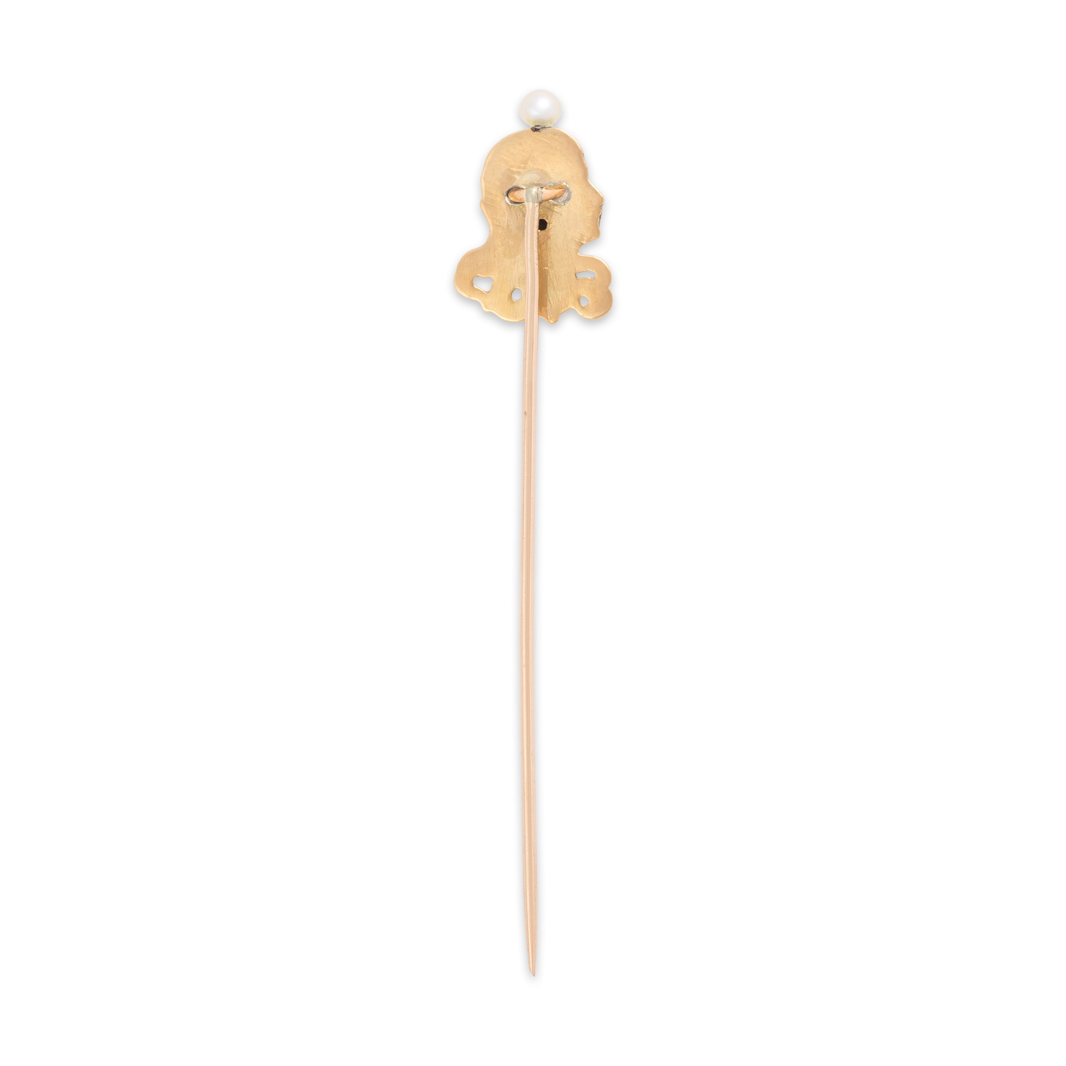 Antique Art Nouveau 14k Yellow Gold & 10k Rosy Yellow Gold Ruby Old Mine Cut Diamond Pearl Enameled Female Figure Stick Pin - Back view