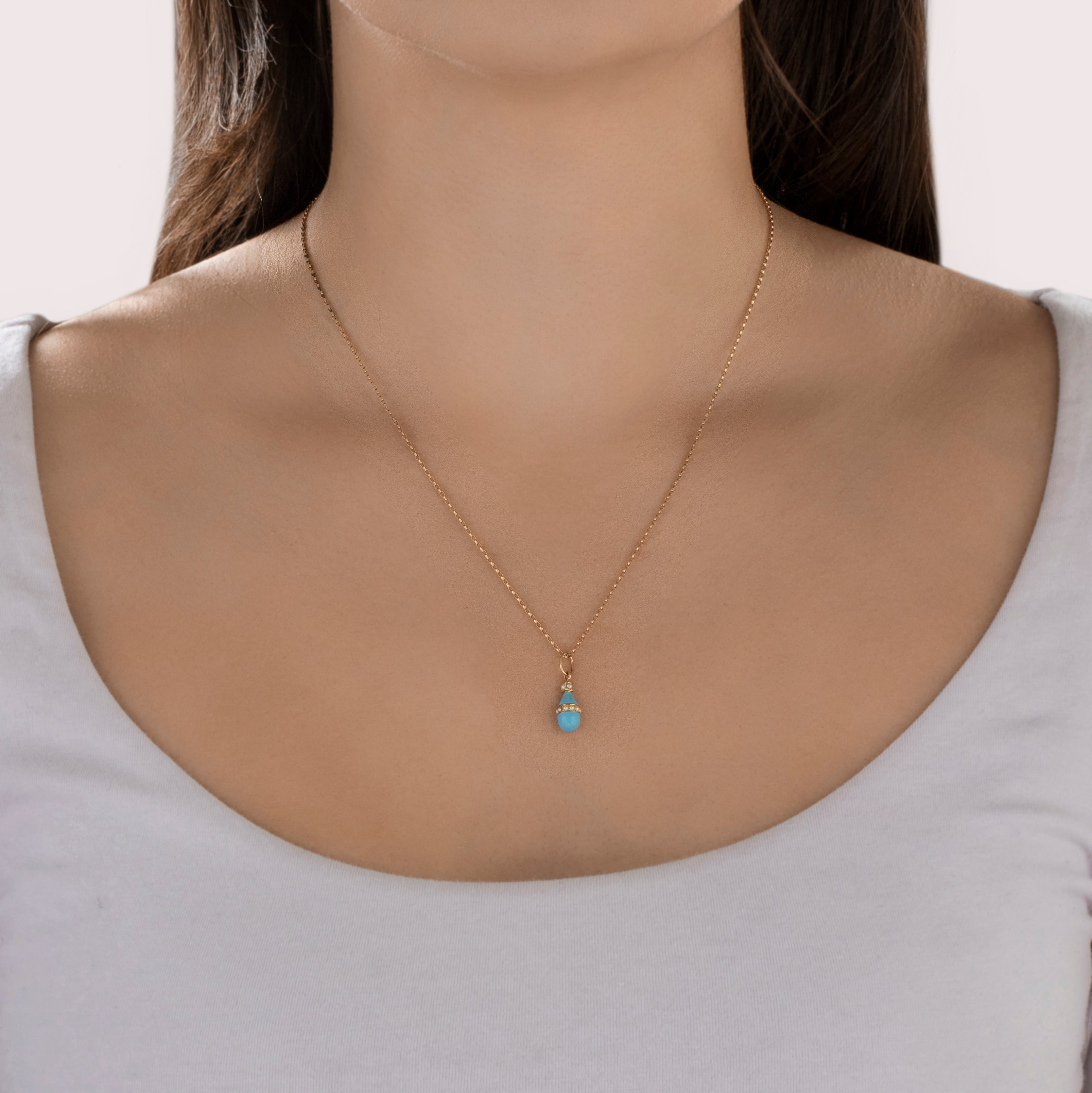 Antique 14k Yellow Gold Pearl Robin's Egg Blue Enamel Drop Charm / Pendant - On model view