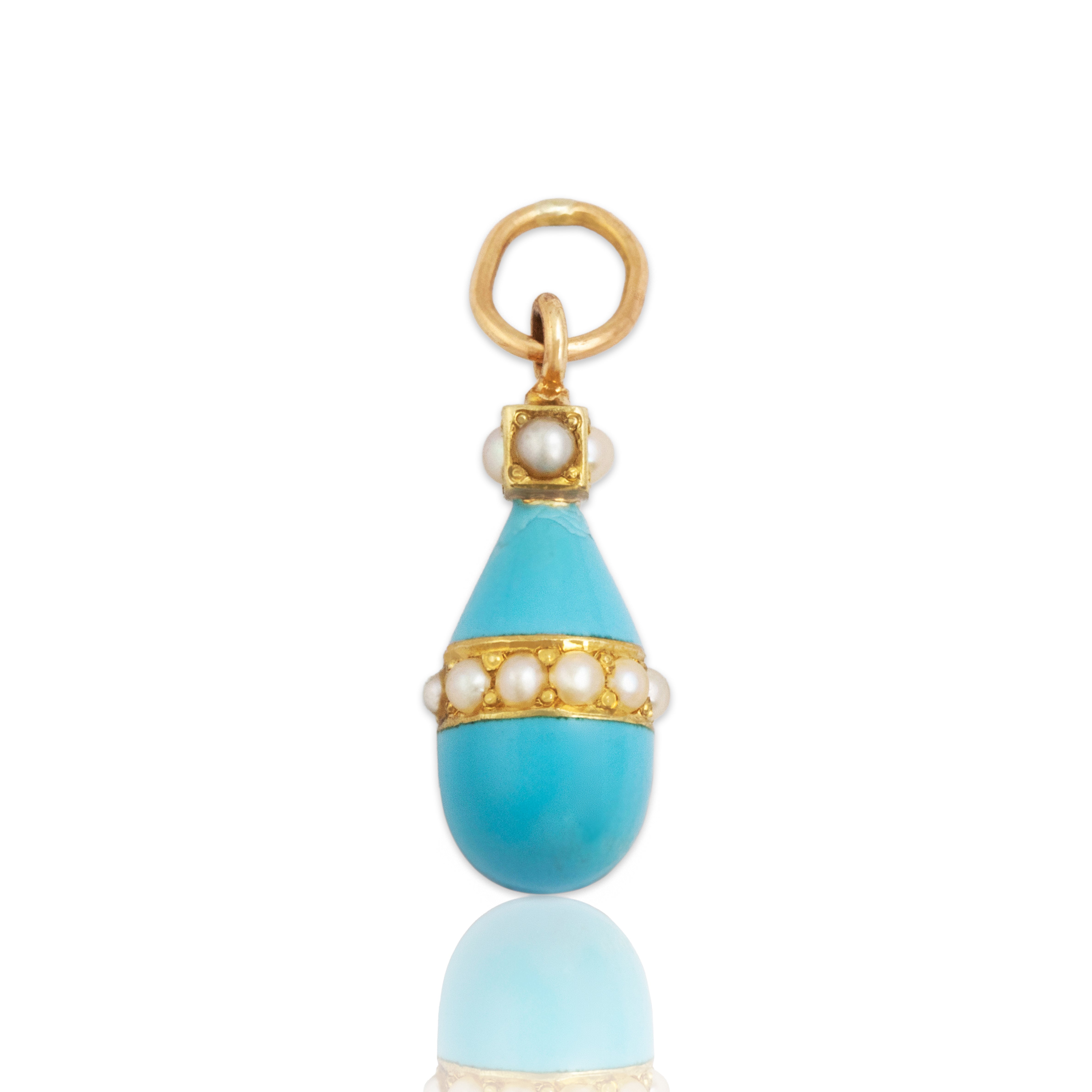 Antique 14k Yellow Gold Pearl Robin's Egg Blue Enamel Drop Charm / Pendant - Close-up view